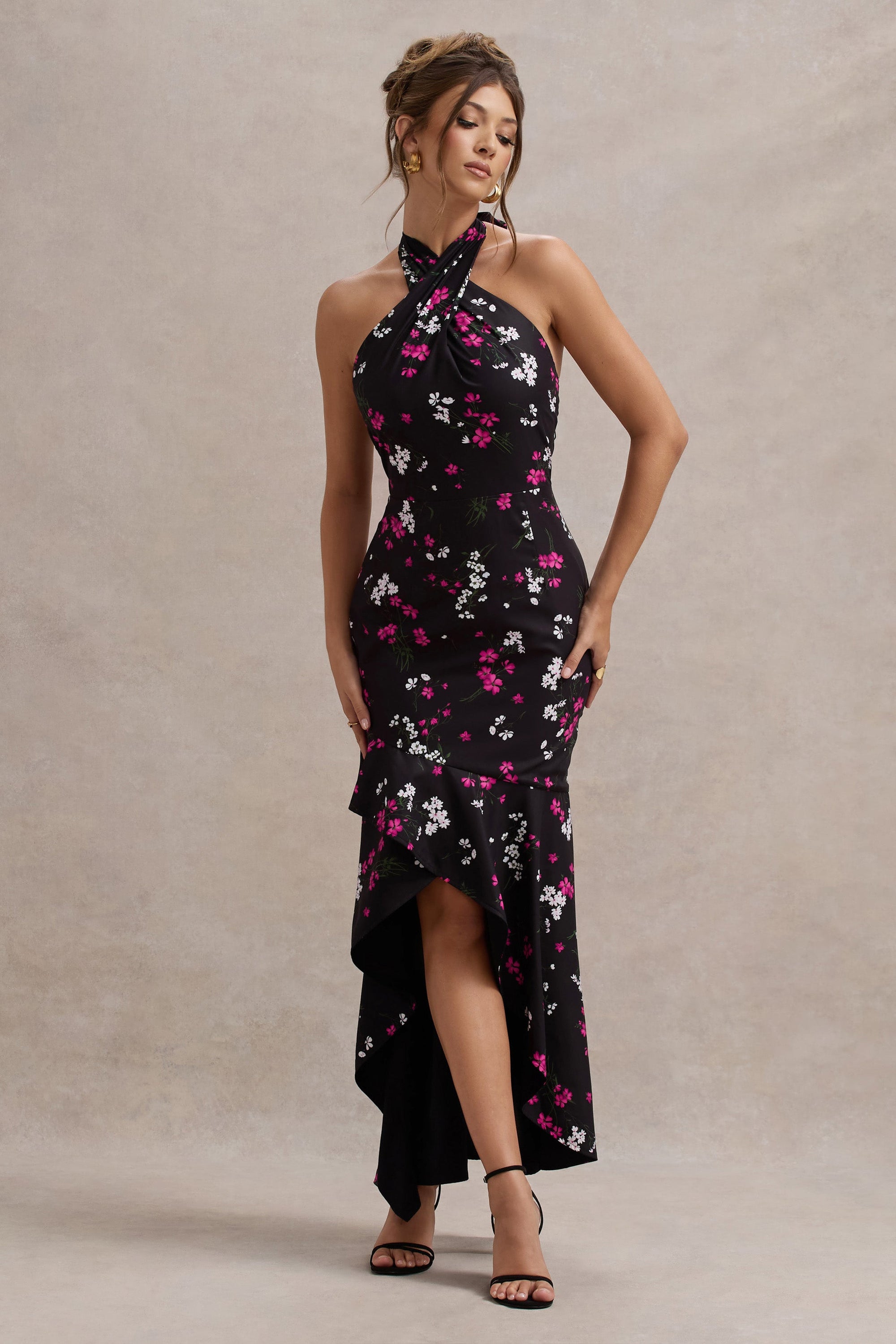 Melodia | Black Ditsy Floral Print Satin Halter-Neck Ruffled Maxi Dress - Club L London - USA