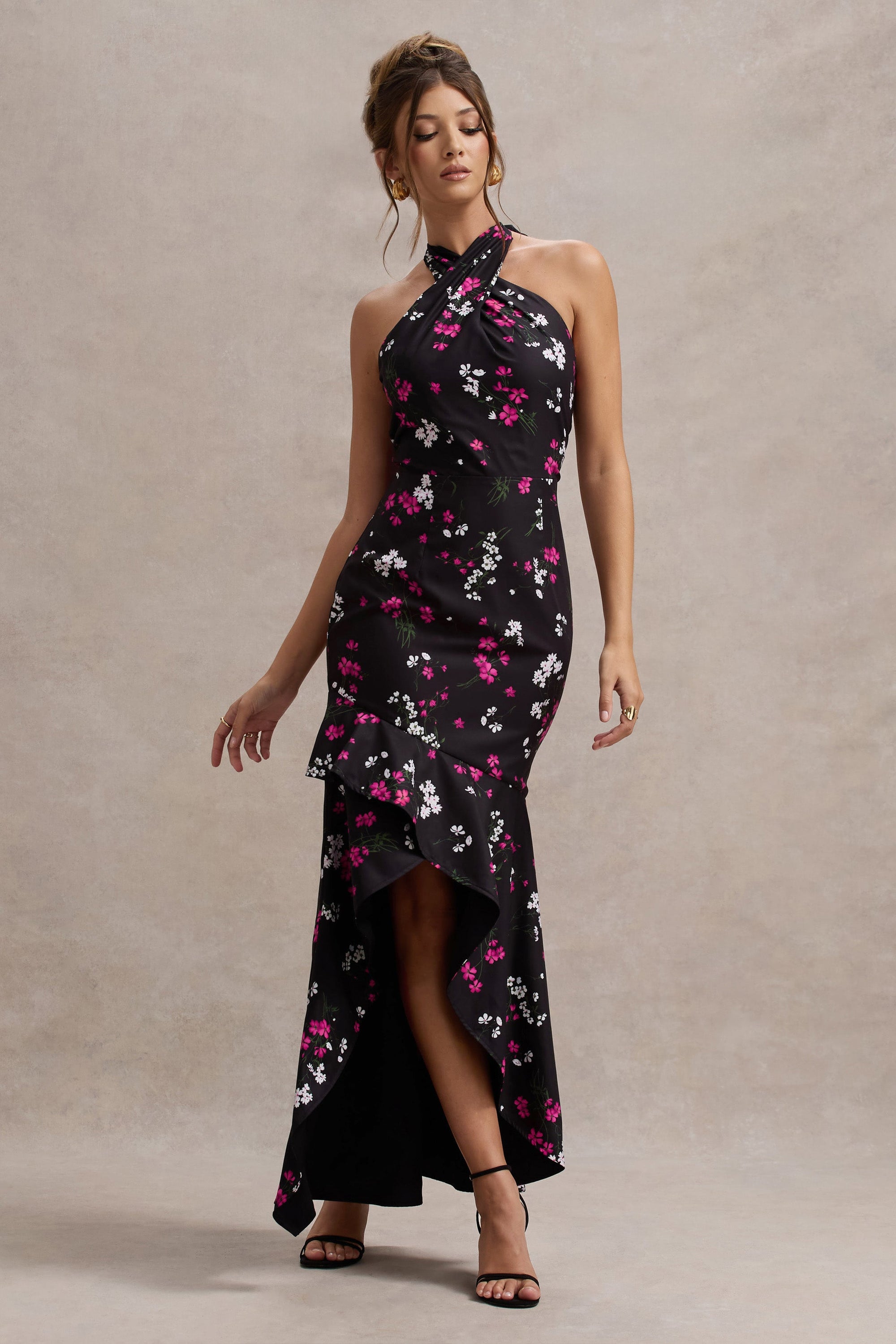 Melodia | Black Ditsy Floral Print Satin Halter-Neck Ruffled Maxi Dress - Club L London - USA