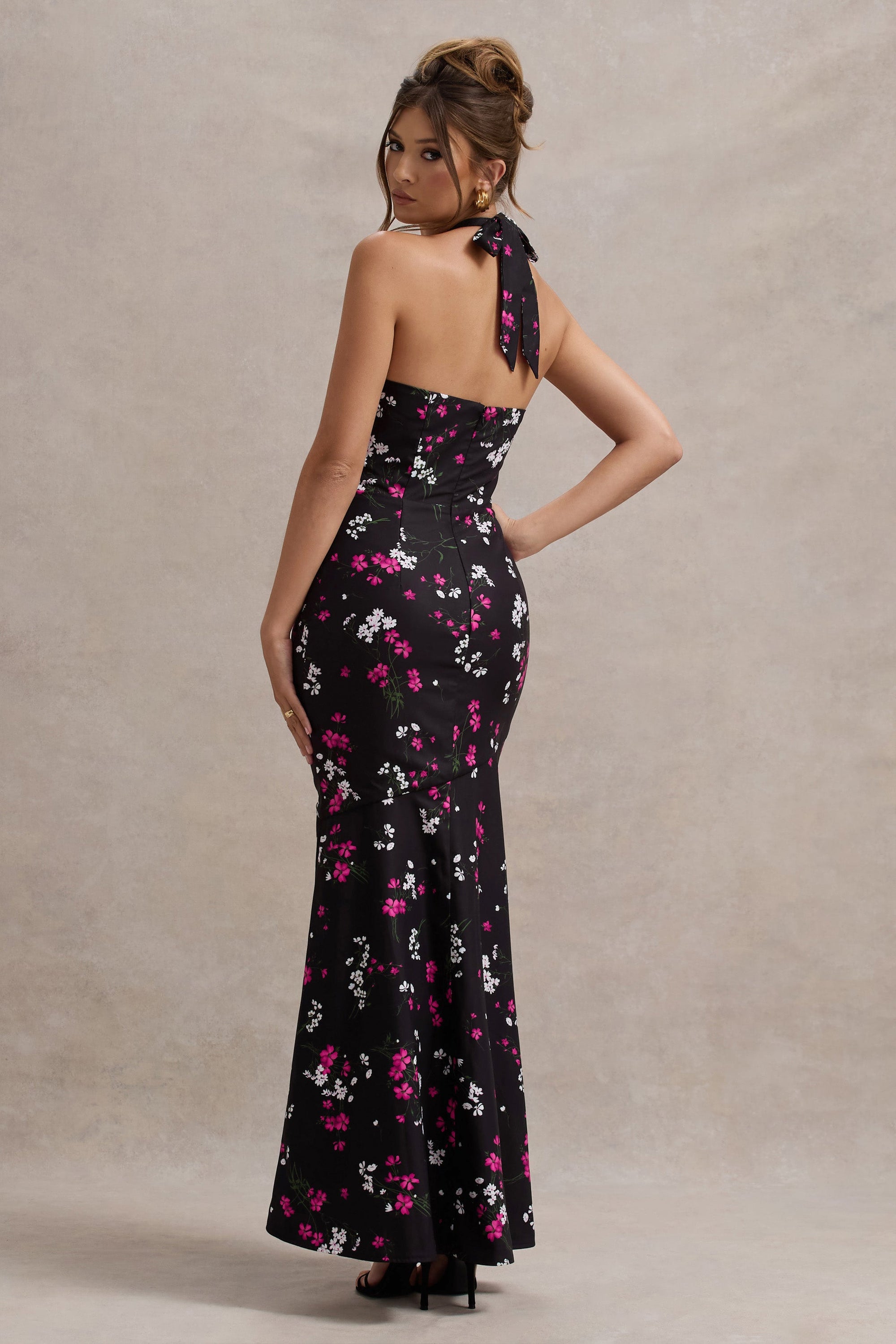 Melodia | Black Ditsy Floral Print Satin Halter-Neck Ruffled Maxi Dress - Club L London - USA