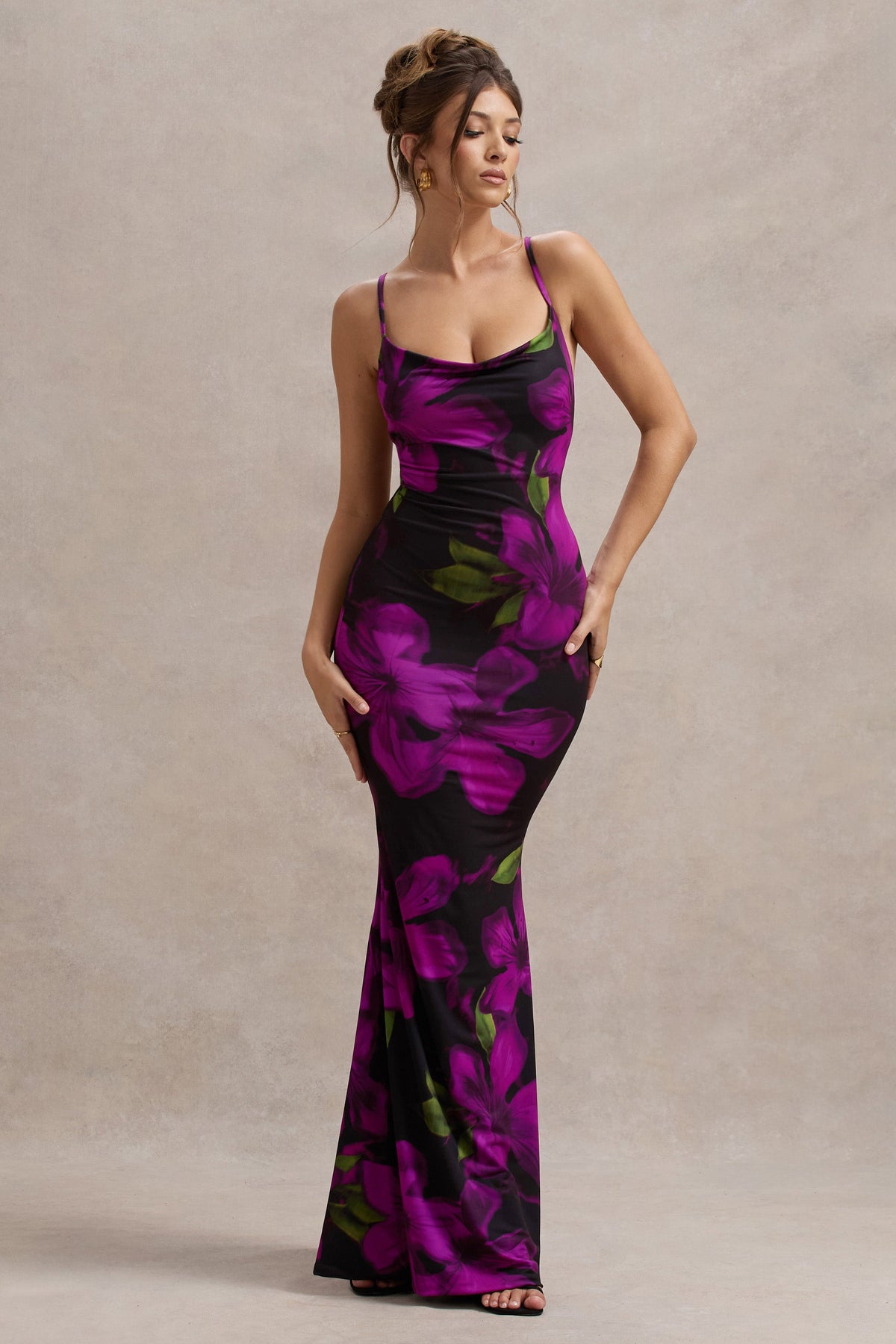 Lotus Purple Floral Print Cowl-Neck Maxi Dress – Club L Lotus Purple Floral Print Cowl-Neck Maxi Dress – Club L