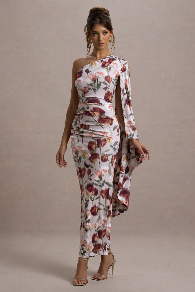 Clementina | Cream Floral Print Asymmetric Cape Sleeve Maxi Dress - UK 8 Cream Floral Clementina | Cream Floral Print Asymmetric Cape Sleeve Maxi Dress - UK 8 Cream Floral