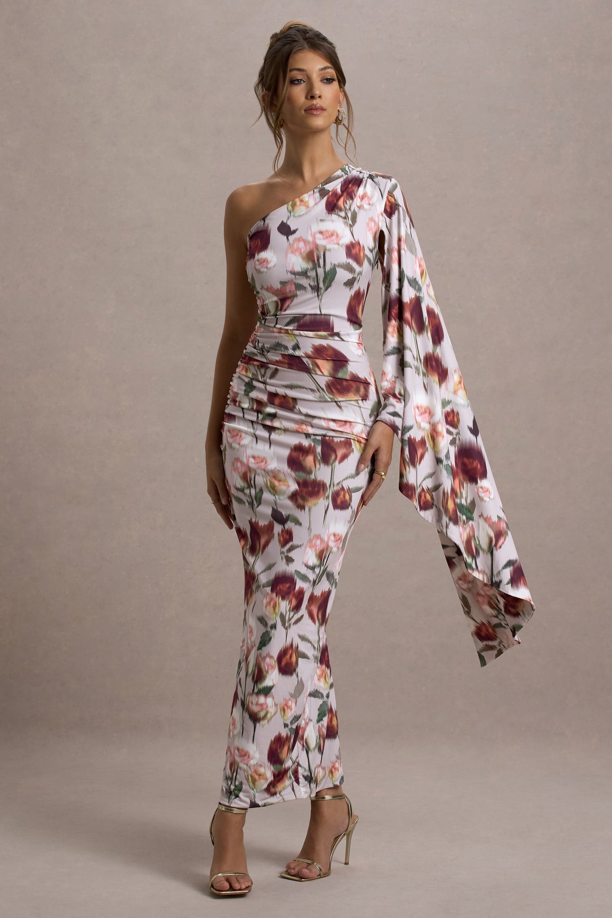 Clementina Cream Floral Print Asymmetric Cape Sleeve Maxi Dress Club L London - USA Clementina Cream Floral Print Asymmetric Cape Sleeve Maxi Dress Club L London - USA