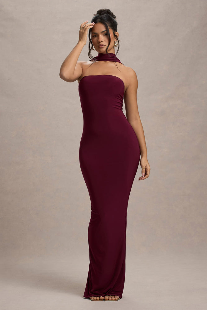 Nobu | Burgundy Bandeau Maxi Dress With Halter-Collar - UK 6 Burgundy Nobu | Burgundy Bandeau Maxi Dress With Halter-Collar - UK 6 Burgundy