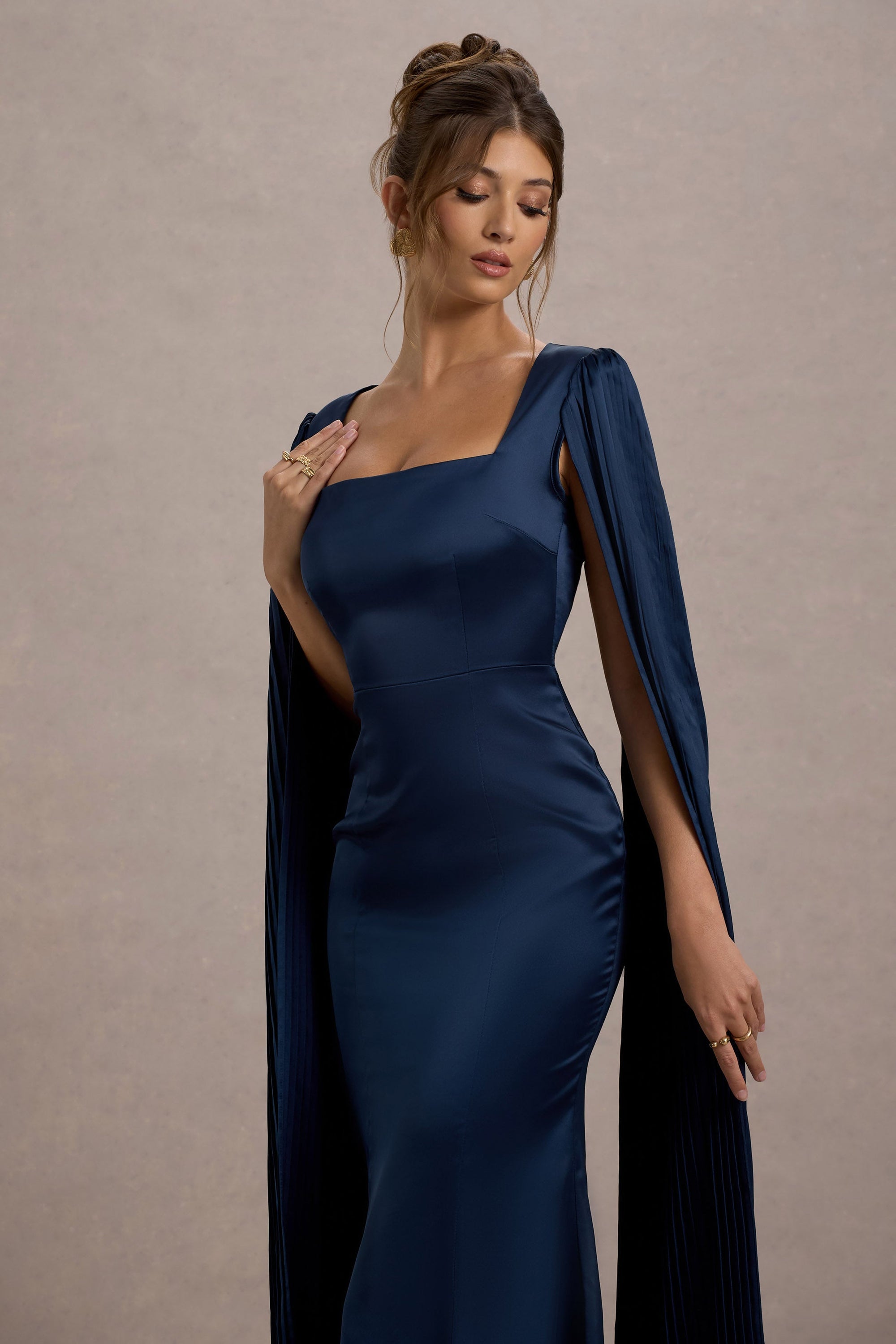 Nalda | Navy Square-Neck Midi Dress With Cape Sleeves - Club L London - USA