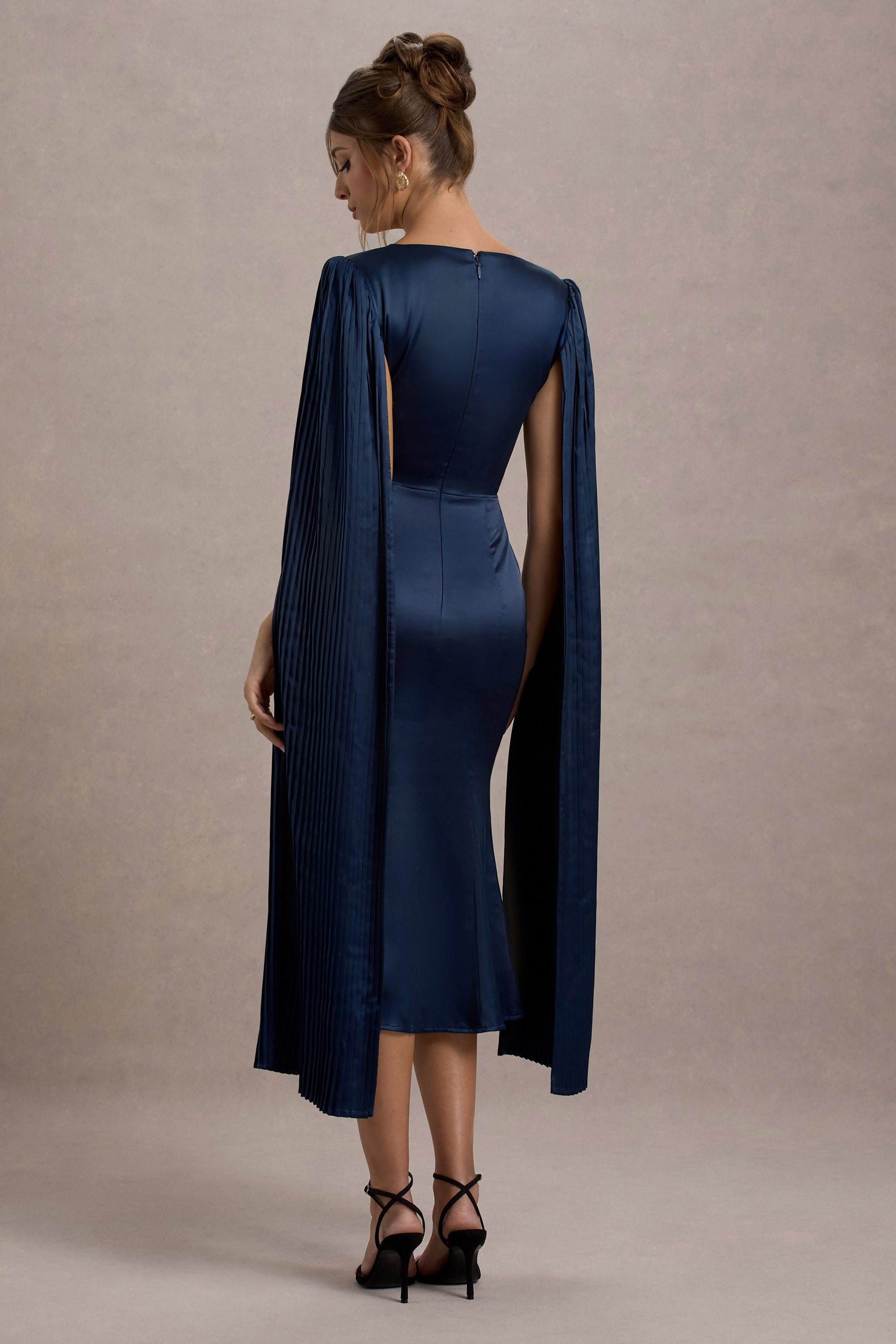 Nalda | Navy Square-Neck Midi Dress With Cape Sleeves - Club L London - USA