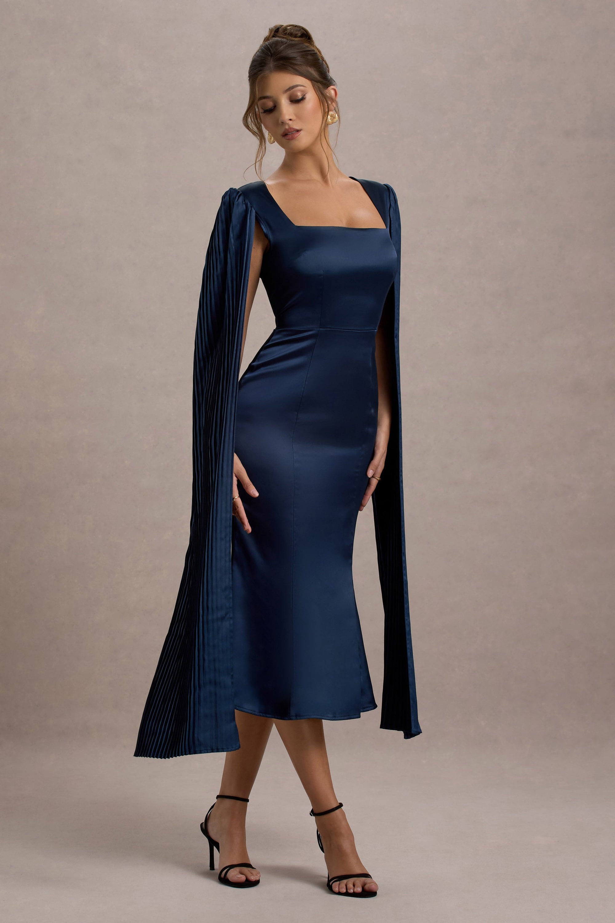 Nalda | Navy Square-Neck Midi Dress With Cape Sleeves - Club L London - USA