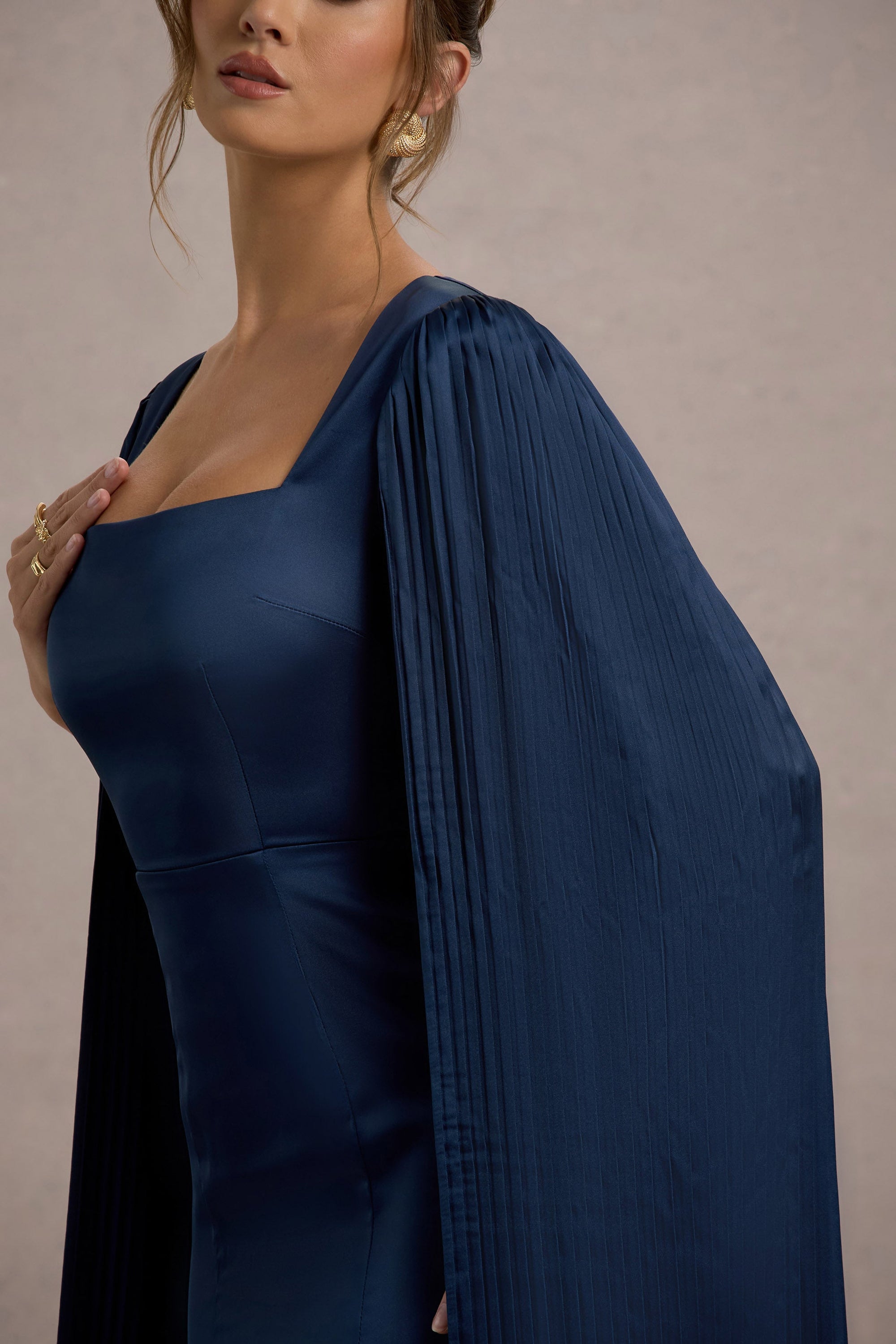 Nalda | Navy Square-Neck Midi Dress With Cape Sleeves - Club L London - USA