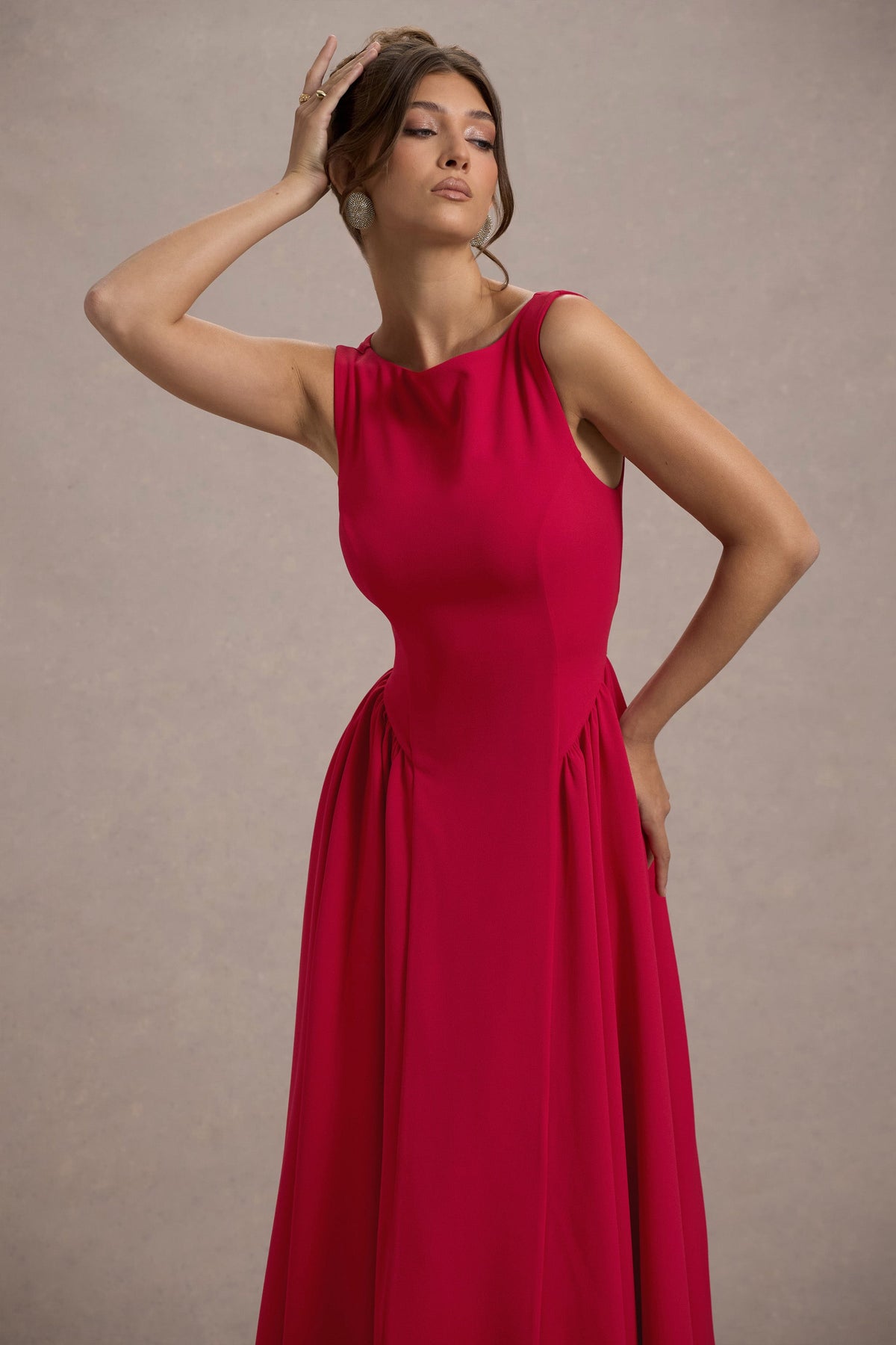 Muriel Red Boat-Neck Volume-Hem Midi Dress Club L London - USA Muriel Red Boat-Neck Volume-Hem Midi Dress Club L London - USA