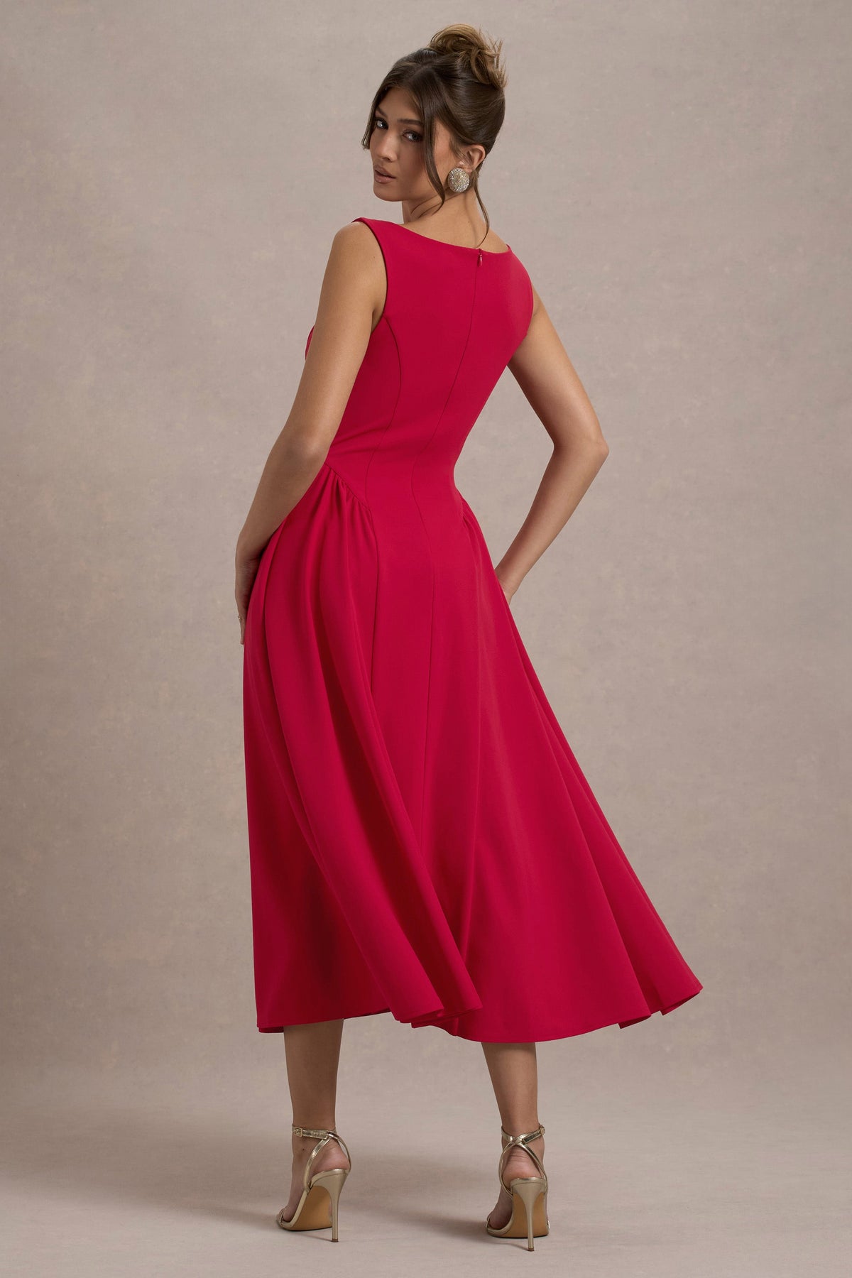 Muriel | RED Boat-Neck Volume-Hem Midi Dress - UK 14 RED Muriel | RED Boat-Neck Volume-Hem Midi Dress - UK 14 RED