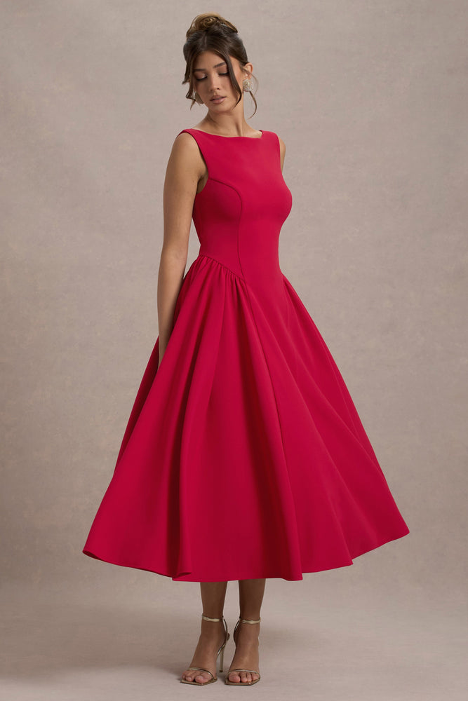 Muriel | Red Boat-Neck Volume-Hem Midi Dress - UK 8 Red Muriel | Red Boat-Neck Volume-Hem Midi Dress - UK 8 Red