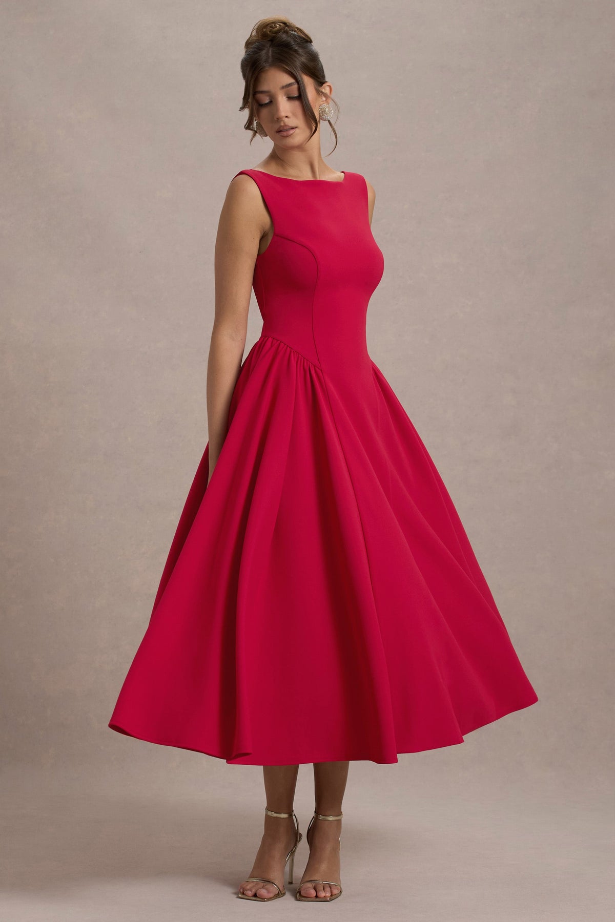 Muriel Red Boat-Neck Volume-Hem Midi Dress Club L London - USA Muriel Red Boat-Neck Volume-Hem Midi Dress Club L London - USA