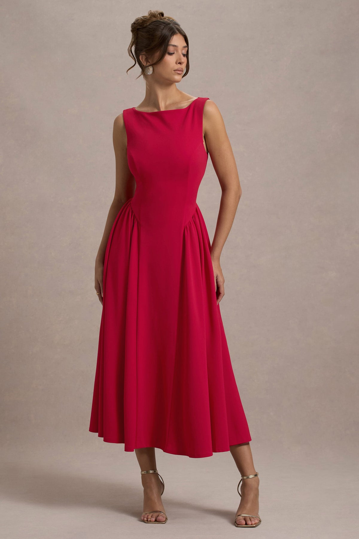 red dress for women midi Muriel | RED Boat-Neck Volume-Hem Midi Dress