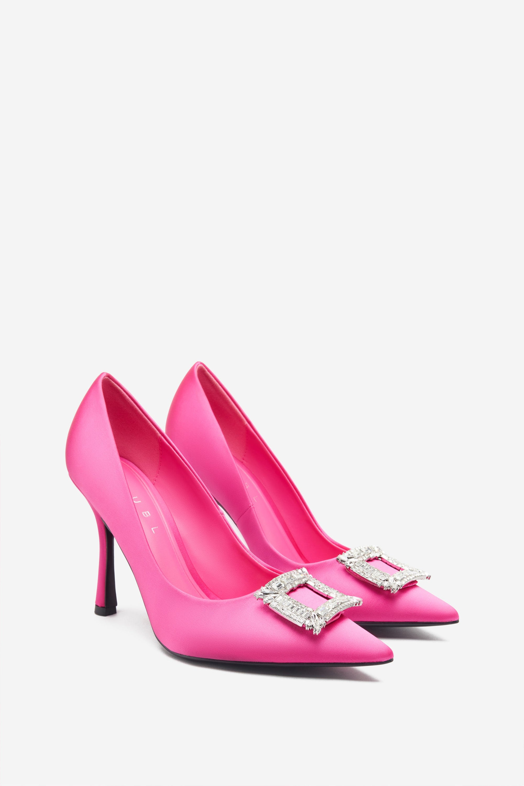 Lawless | Hot Pink Satin Pointed Court Heels With Diamante Brooches - Club L London - USA