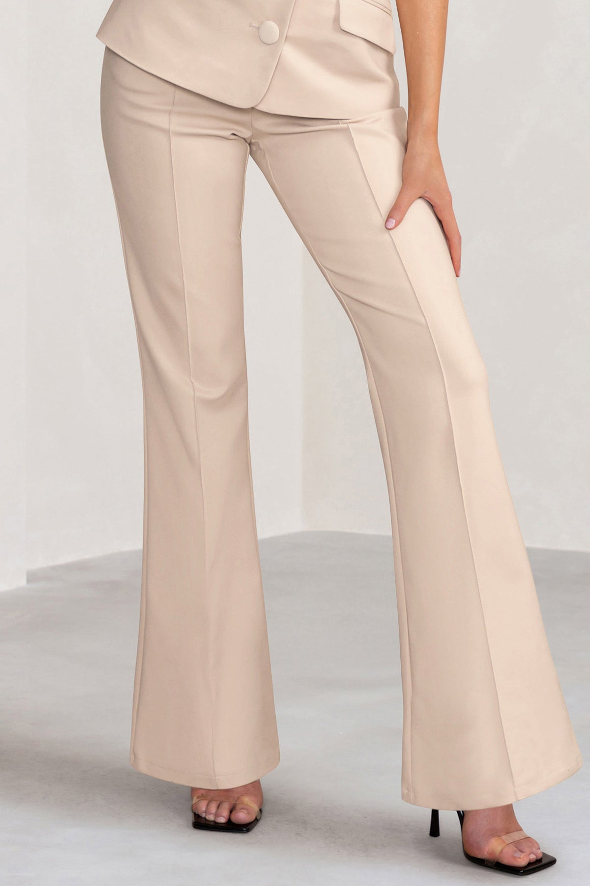 Leila ribbed v-front flared trousers, Stone