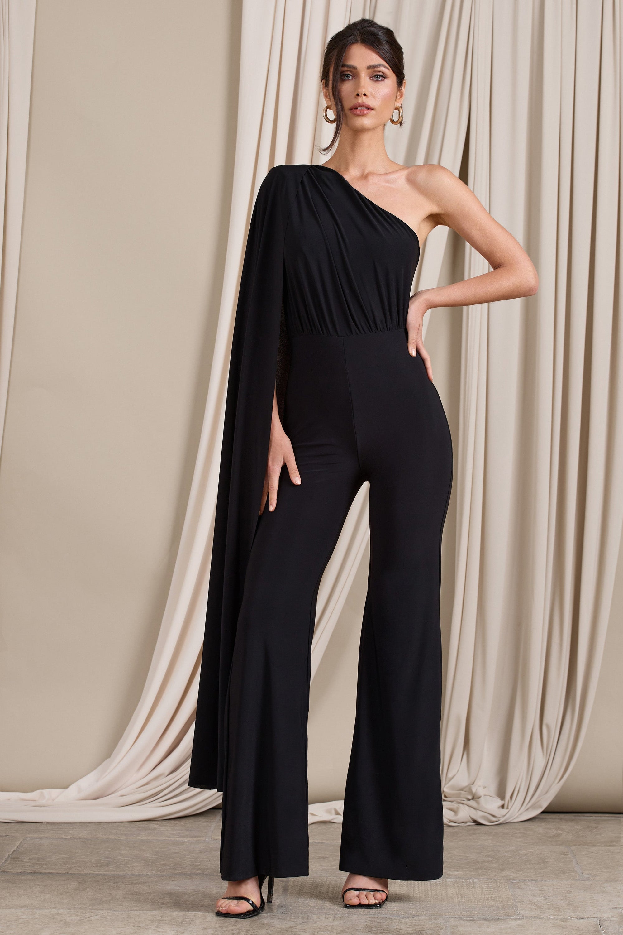 Aurora | Black One Shoulder Cape Sleeve Jumpsuit - Club L London - USA