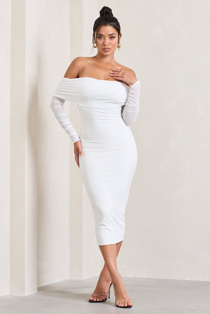 Plus white mesh on sale ruched bardot midi dress