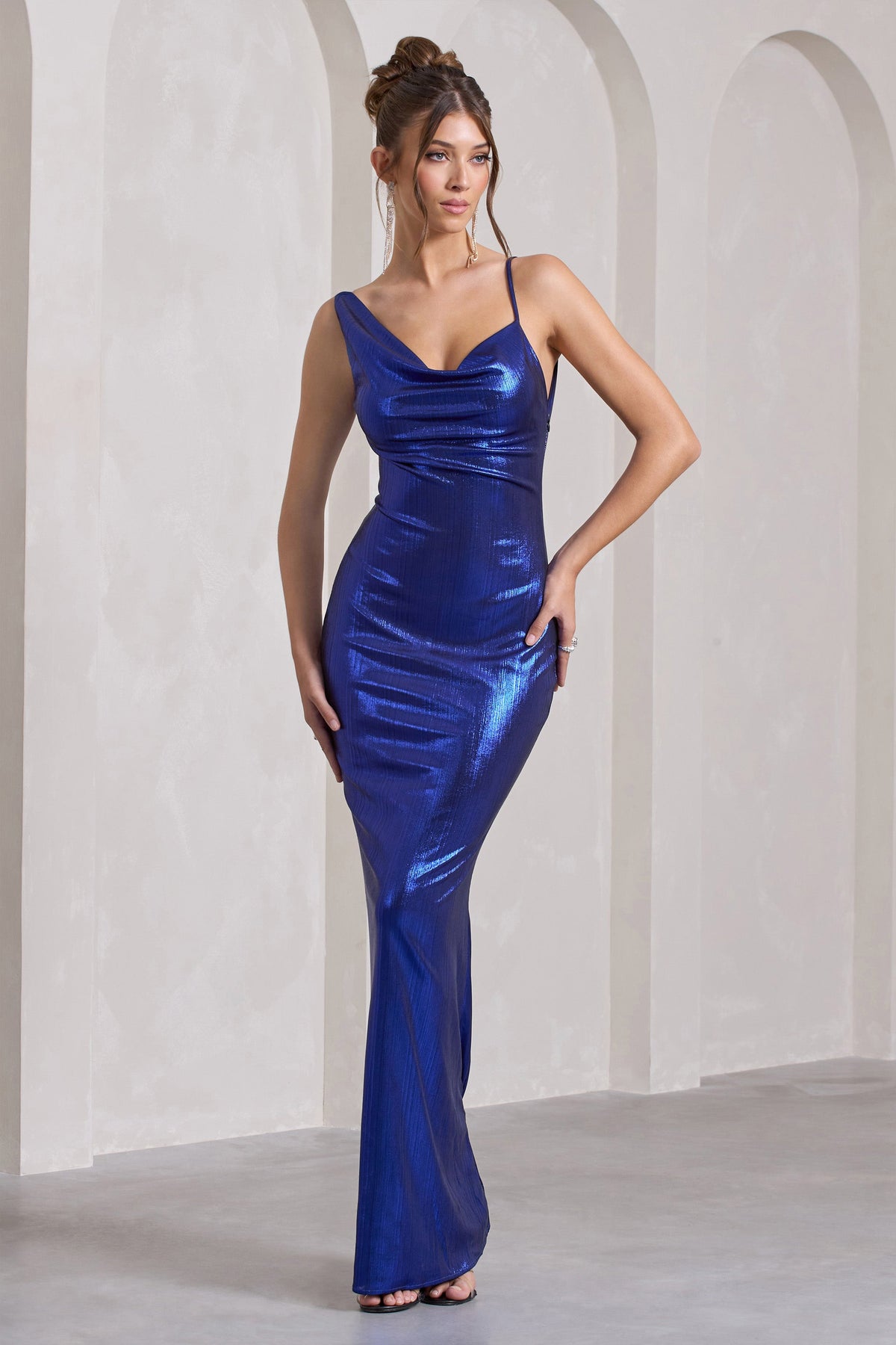 Galaxy Shimmer Navy Bias Cut Cowl Front Maxi Dress – Club L London - USA