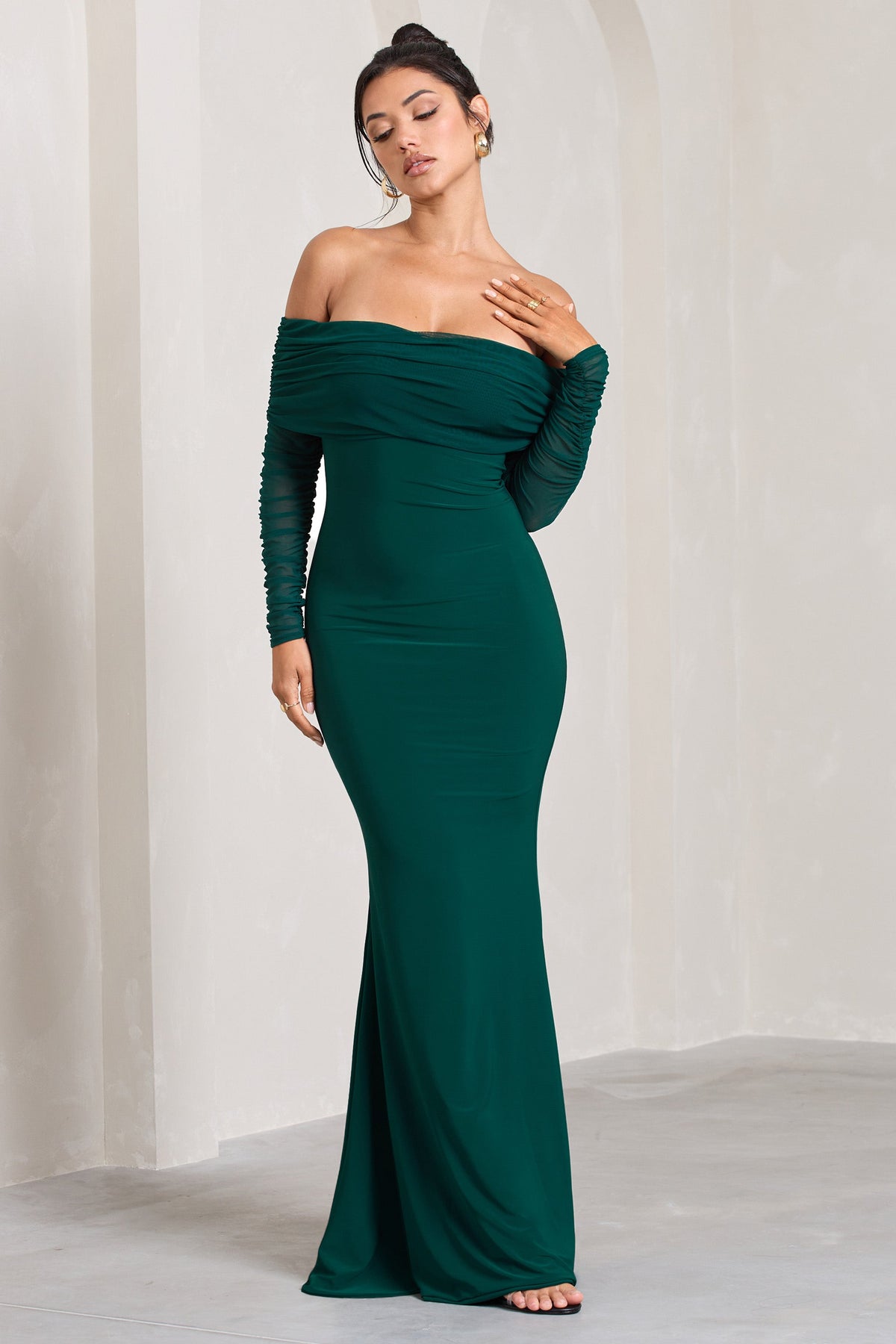 Madeleine Bottle Green Fishtail Maxi Dress With Bardot Mesh Long ...