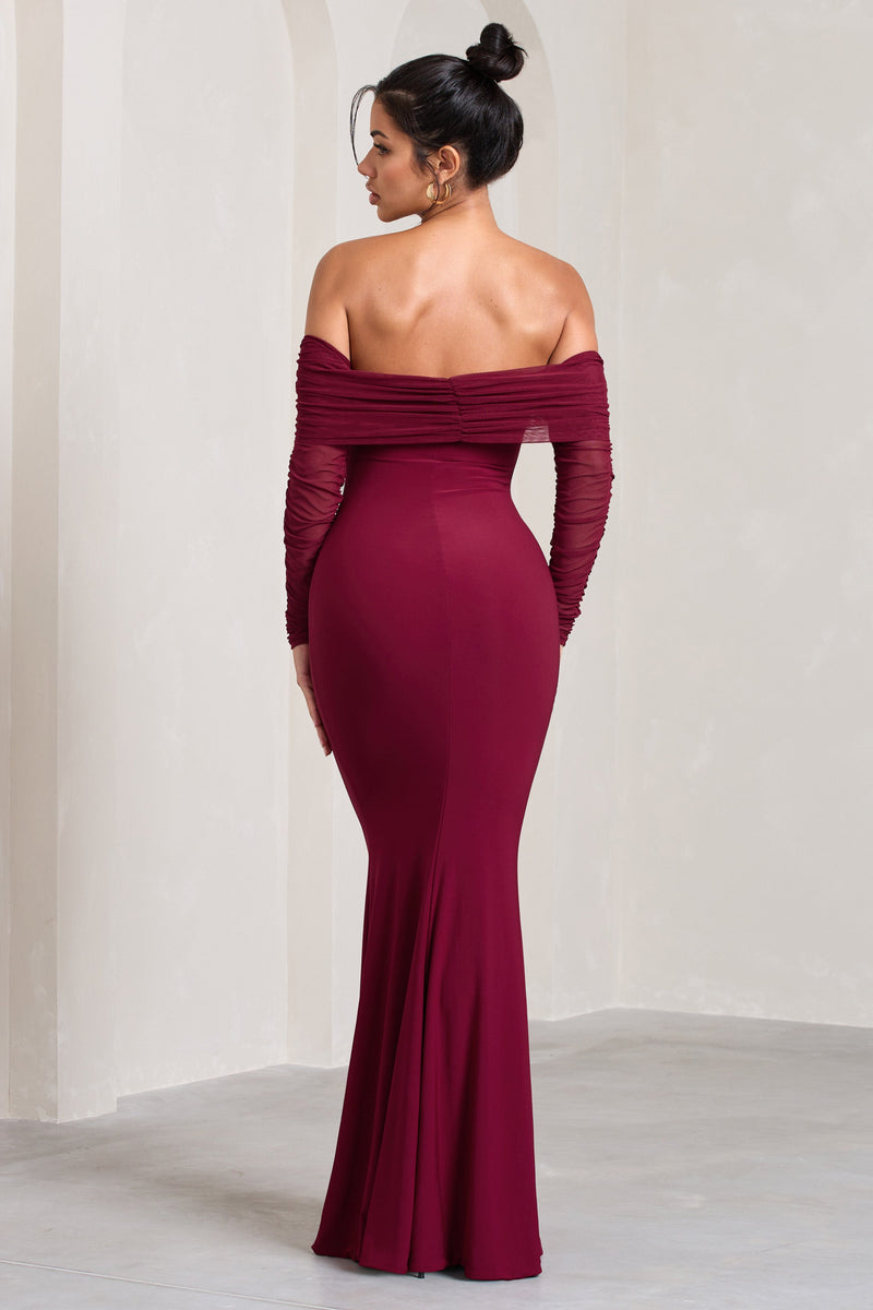 Madeleine Merlot Fishtail Maxi Dress With Bardot Mesh Long Sleeves ...