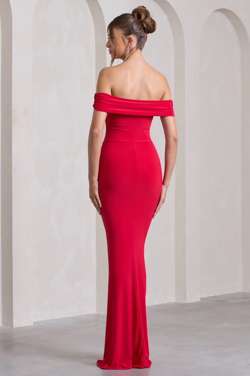 Law of Attraction Red Bardot Draped Split Maxi Dress – Club L London - USA