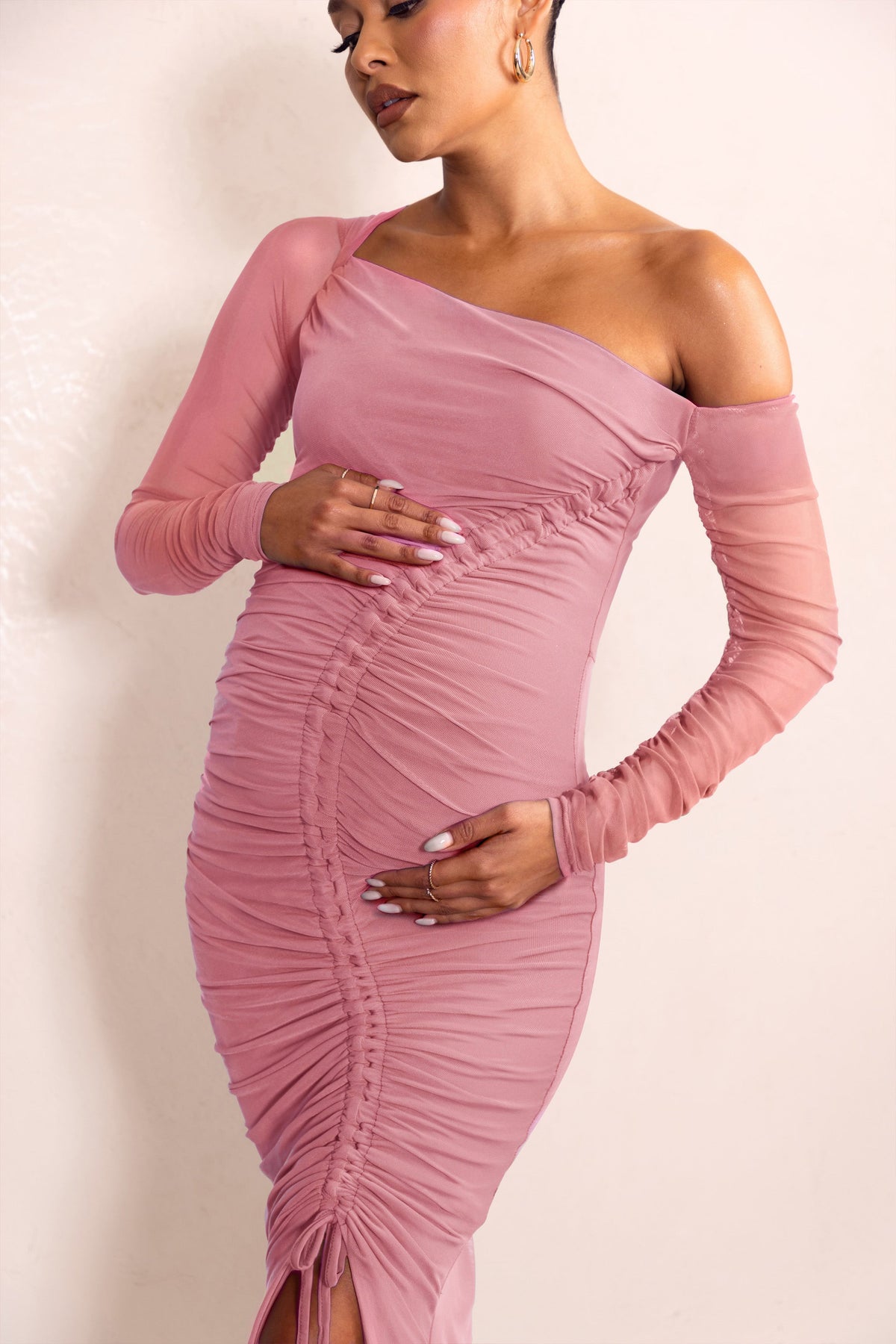 Sweet Dreams Dusty Rose Maternity Ruched Sheer Sleeve Maxi Dress – Club L  London - USA
