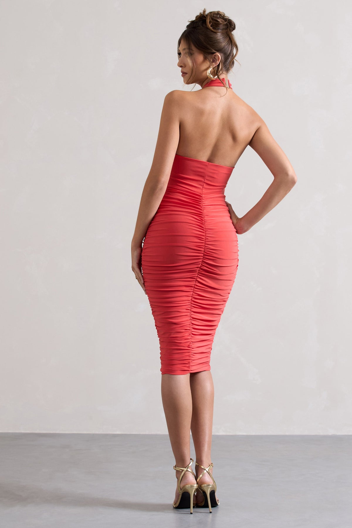 Serendipity Coral Halter Neck Knot Midi Dress Club L London USA