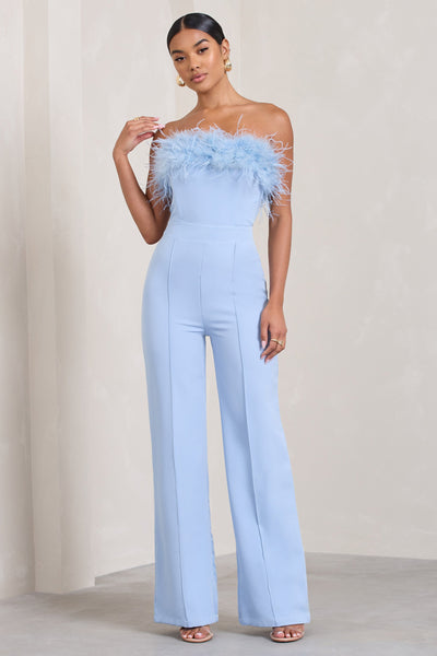 First Class Blue Bandeau Feather Wide Leg jumpsuit – Club L