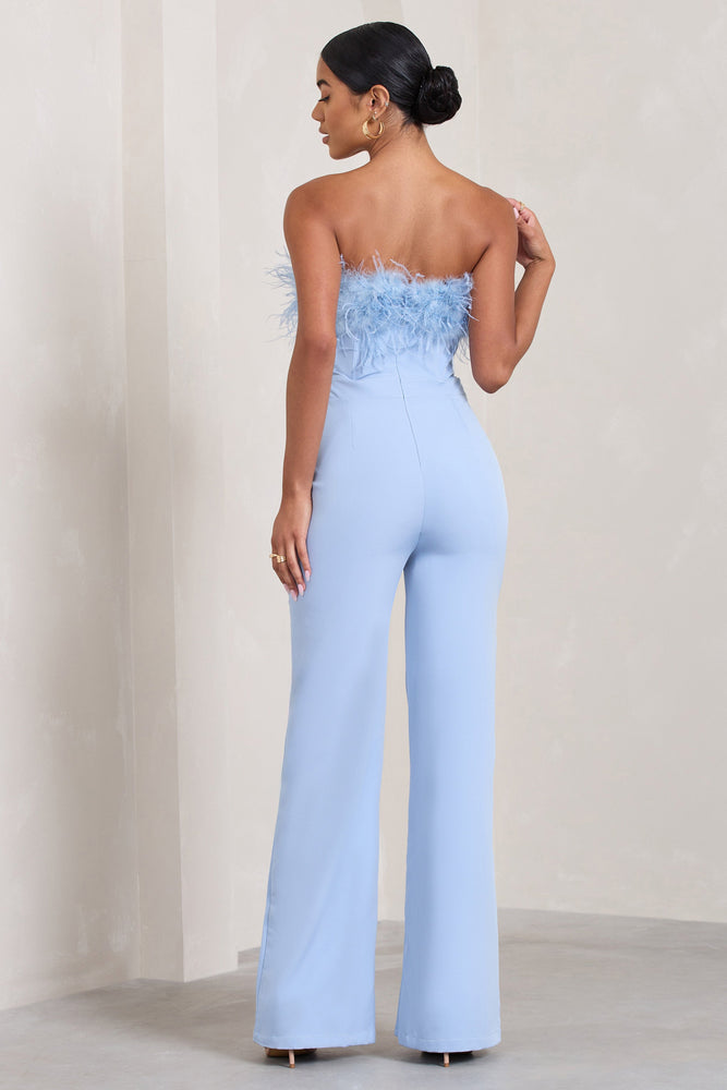 First Class | Blue Bandeau Feather Wide Leg jumpsuit