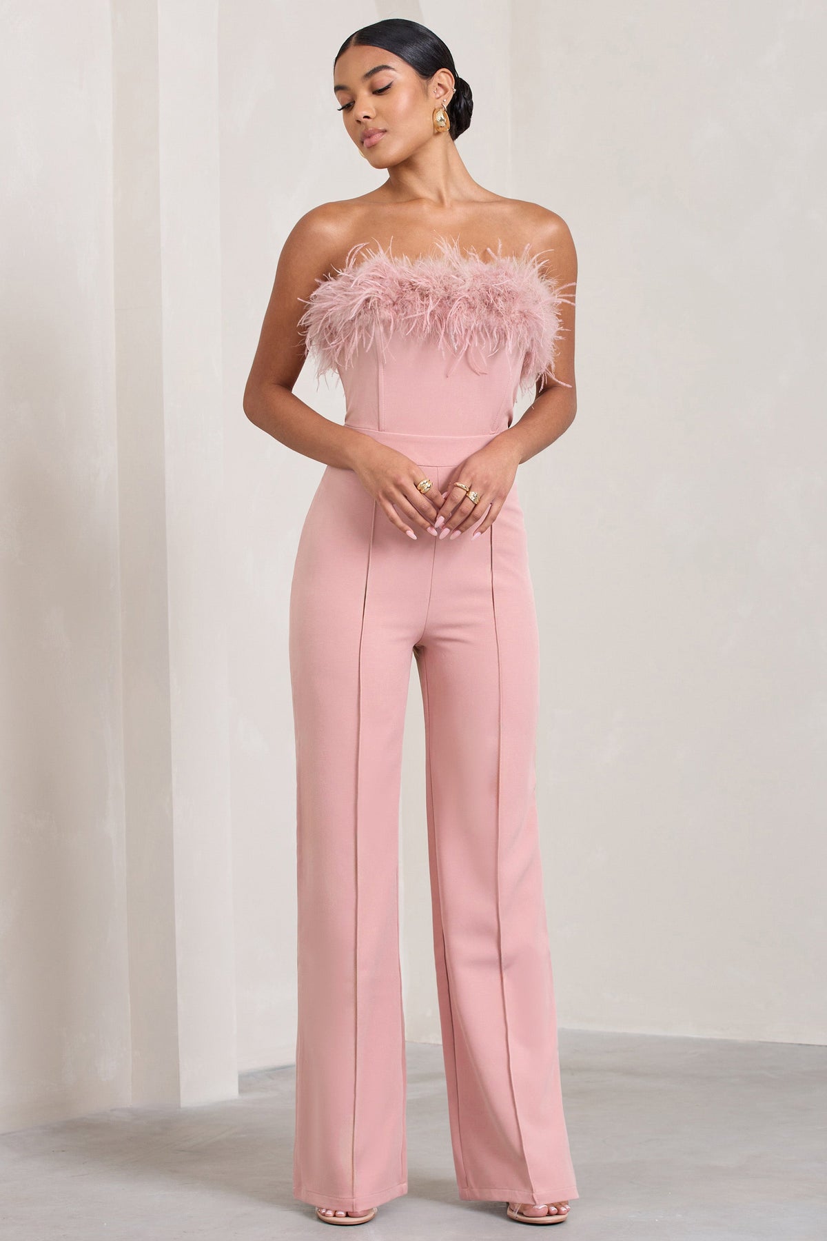 First Class Pink Bandeau Feather Wide Leg Jumpsuit – Club L London - USA