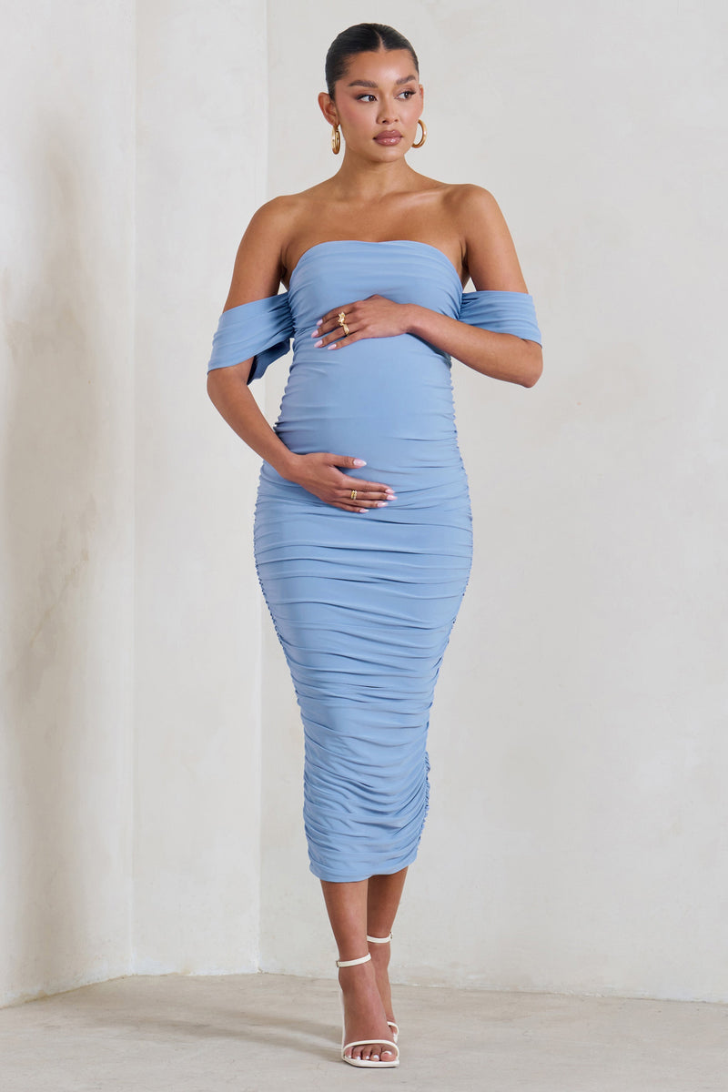 Plus One Powder Blue Maternity Ruched Bardot Midi Dress – Club L London ...