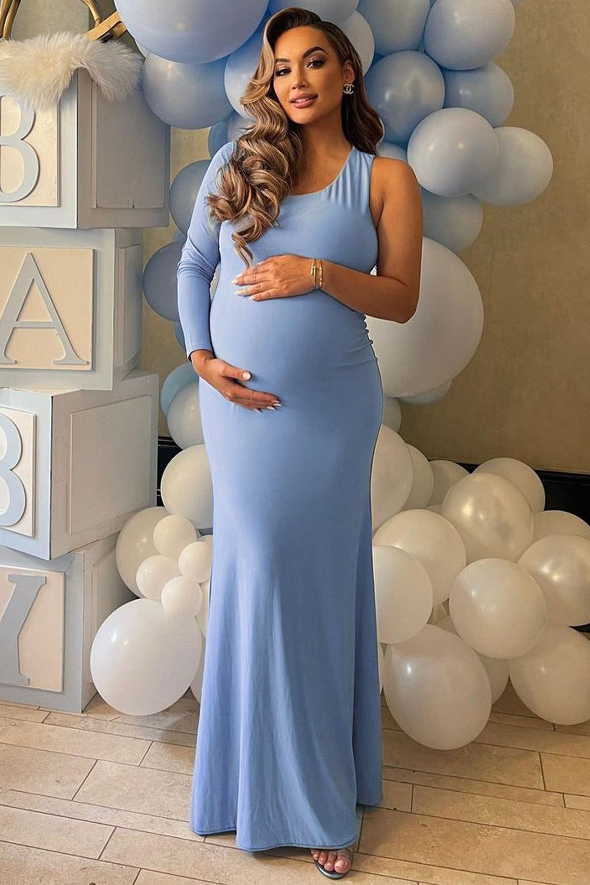 Oh Baby Powder Blue Maternity One Shoulder Bodycon Maxi Dress