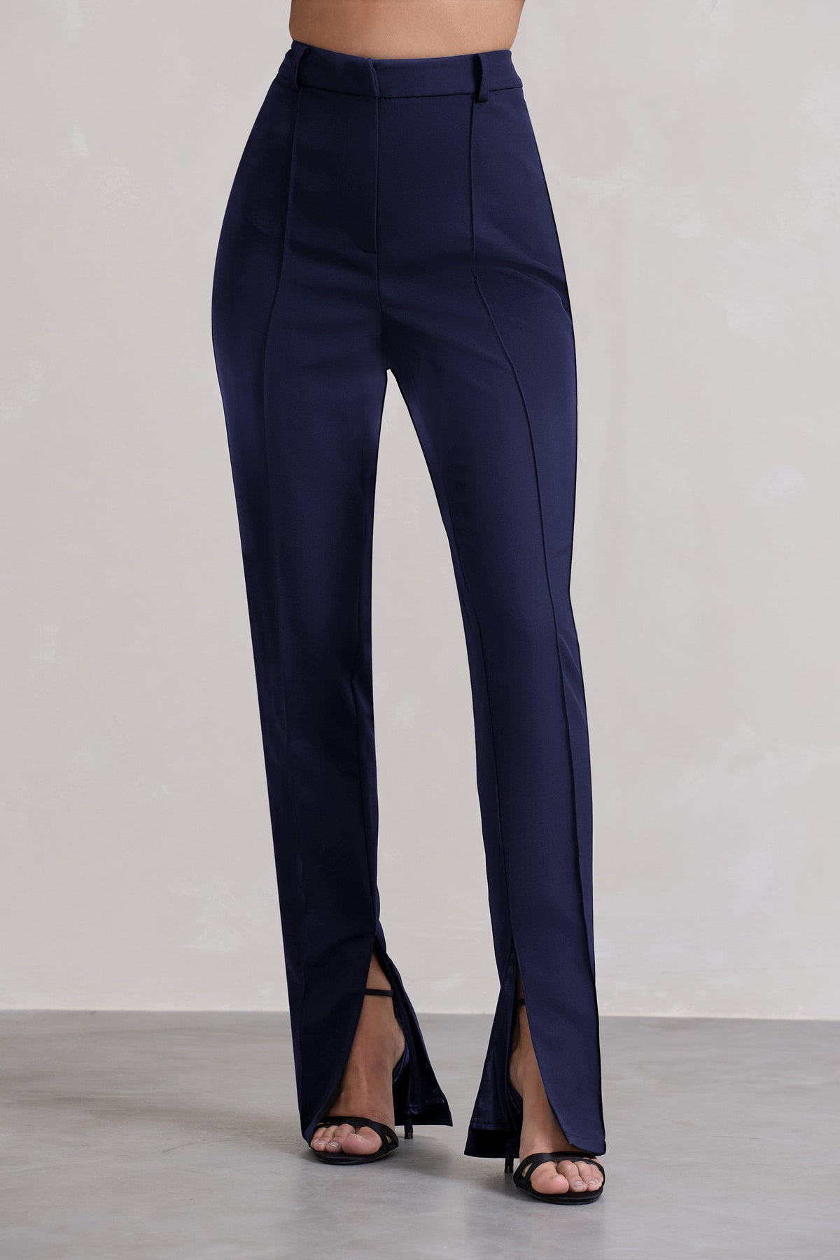 Navy High-Waist Trousers with Decorative Buttons | SilkFred US