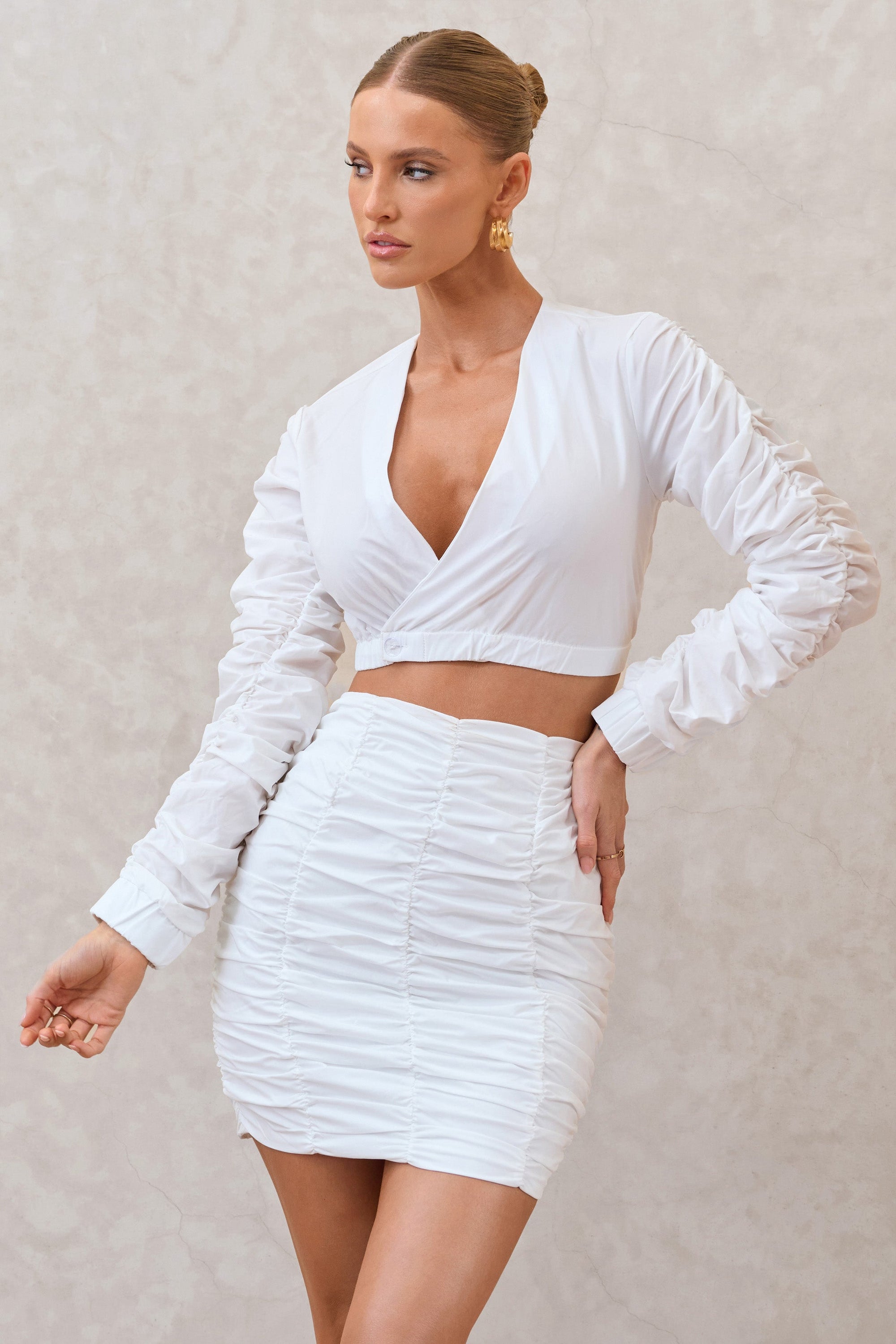 Sundown | White Ruched Sleeve Wrap Detail Cropped Shirt - Club L London - USA