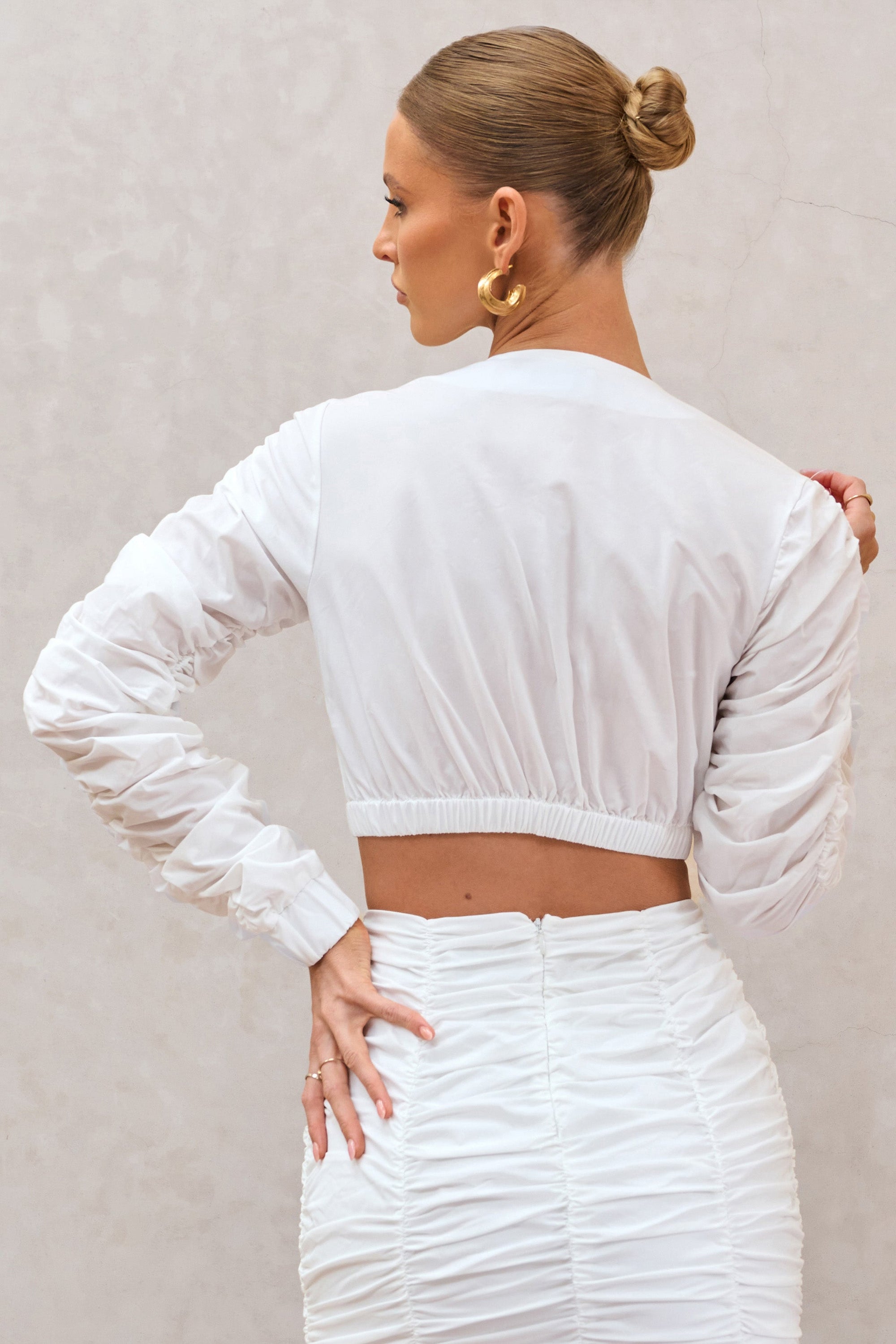Sundown | White Ruched Sleeve Wrap Detail Cropped Shirt - Club L London - USA