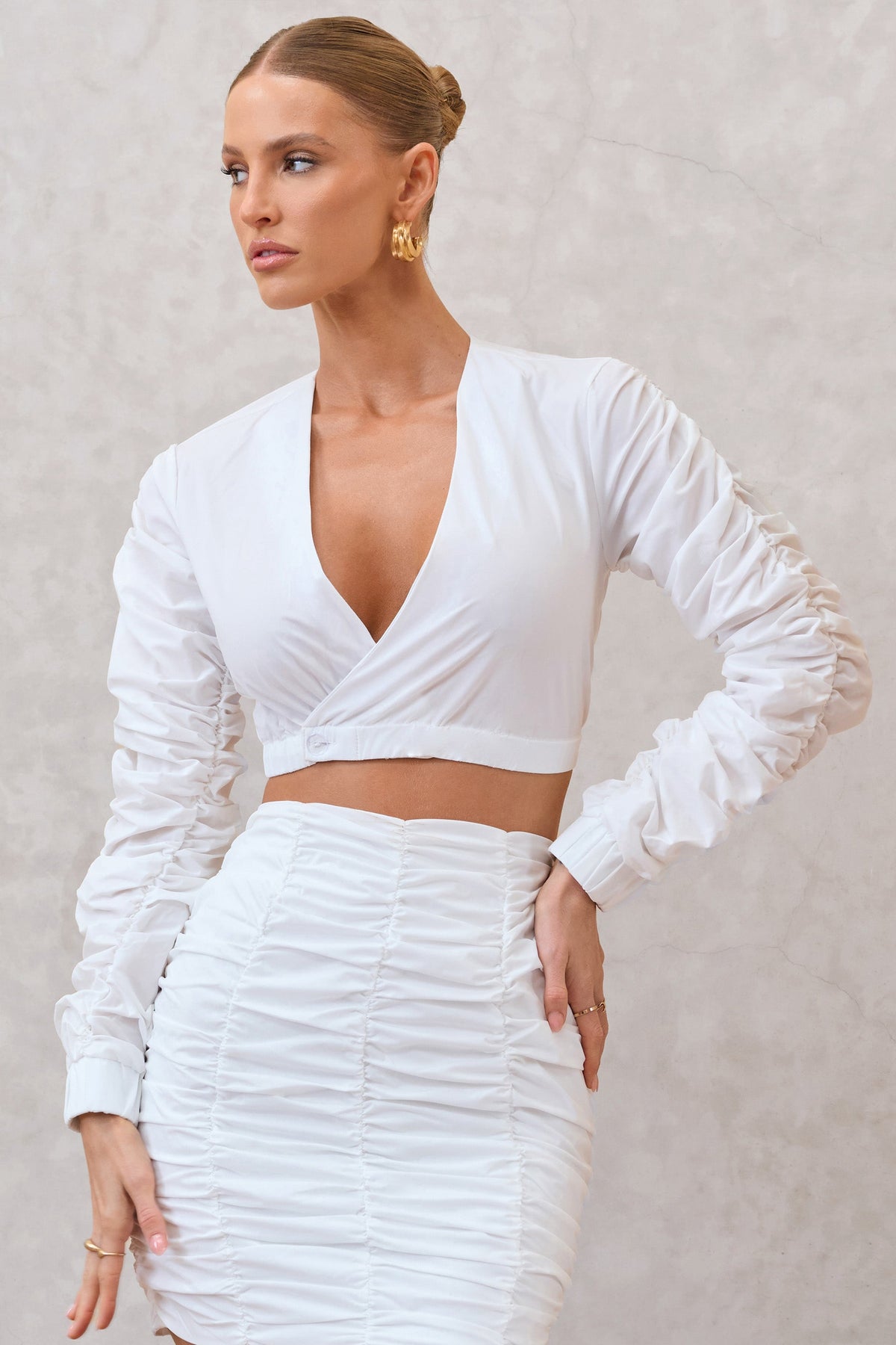 Sundown White Ruched Sleeve Wrap Detail Cropped Shirt Club L London - USA Sundown White Ruched Sleeve Wrap Detail Cropped Shirt Club L London - USA