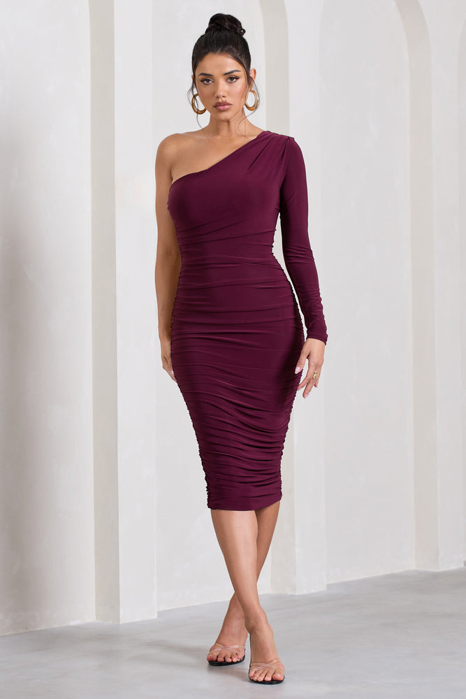 In The Shadows Burgundy One Sleeve Midi Dress With Ruching