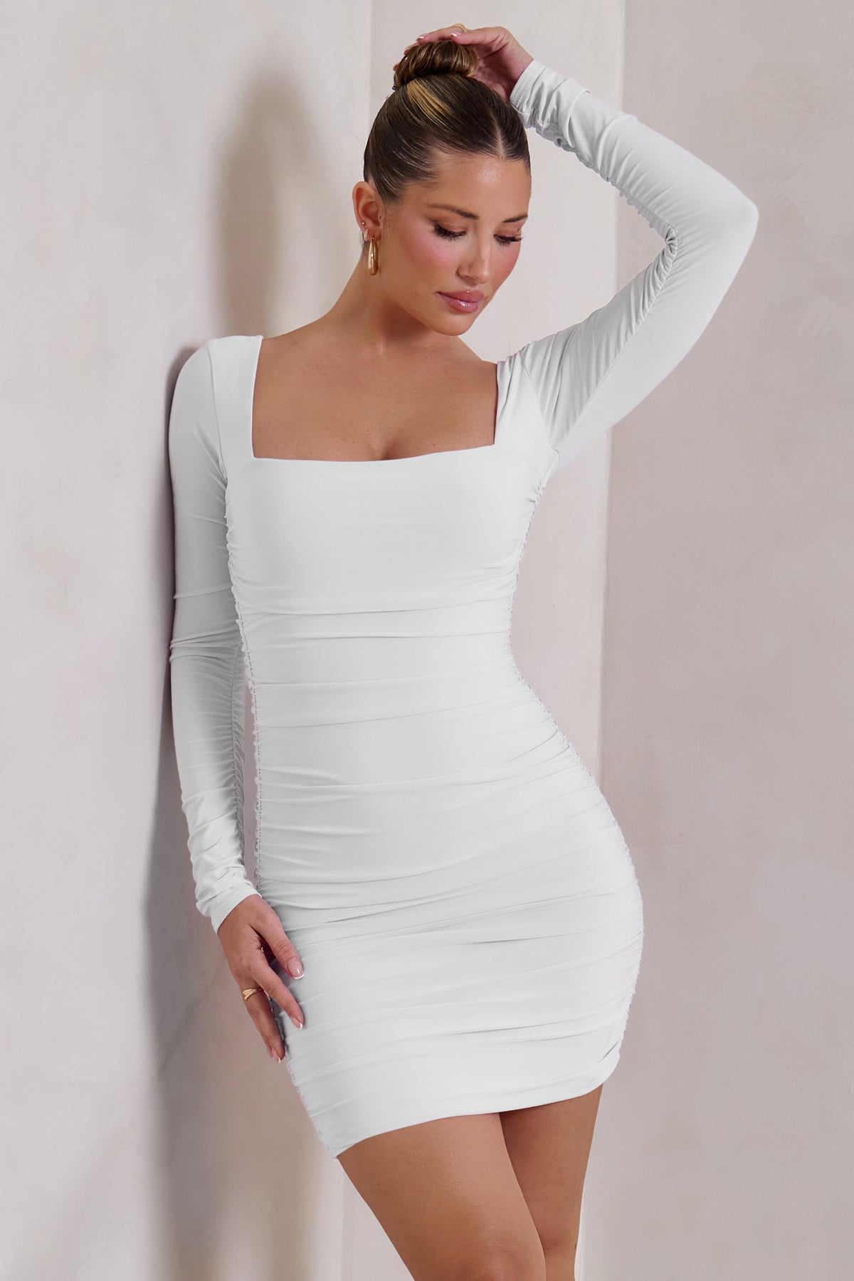 Muse White Long Sleeve Square Neck Ruched Mini Dress – Club L London - USA
