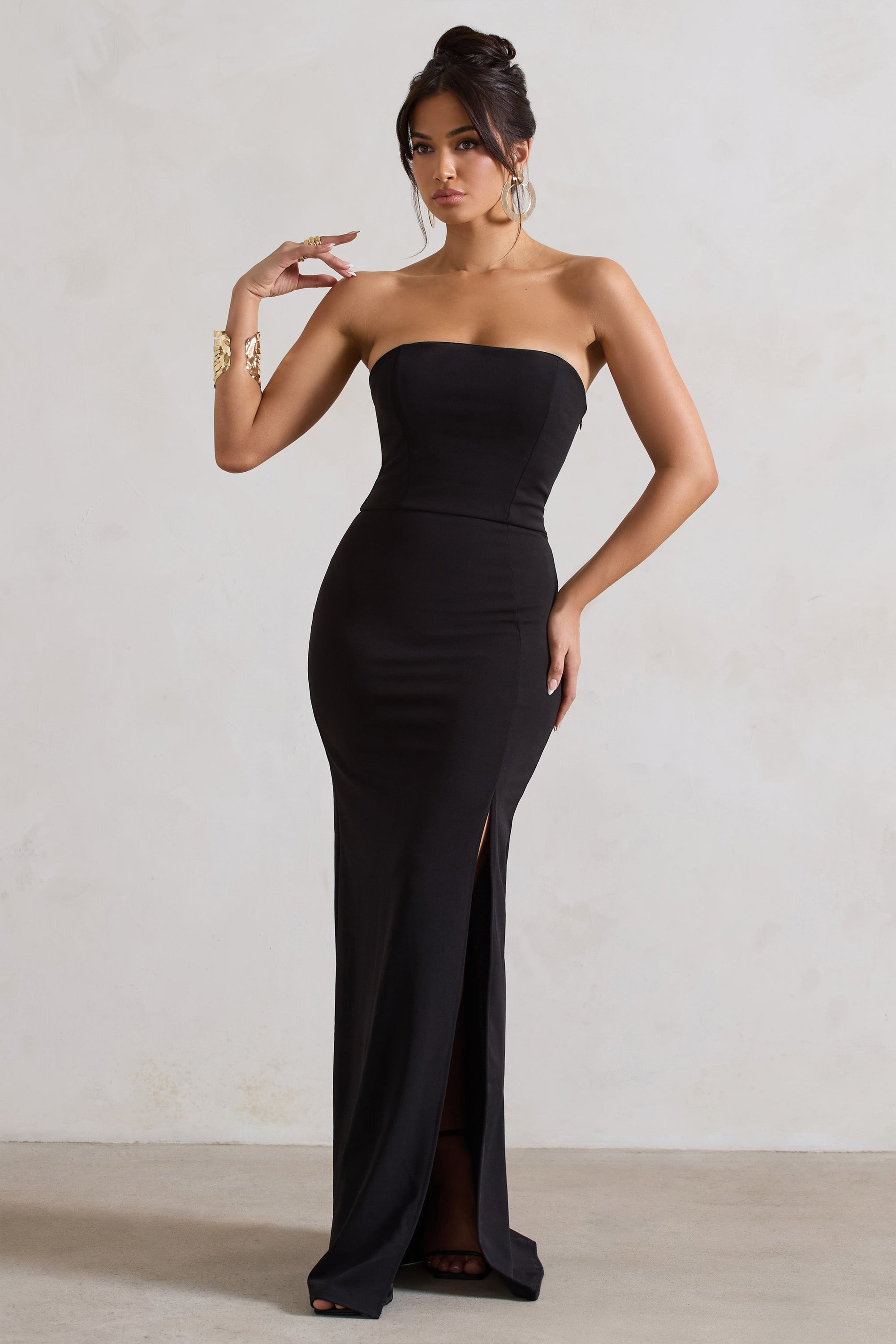 Belle of The Ball | Black Bandeau Maxi Dress With Split Hem – Club L London