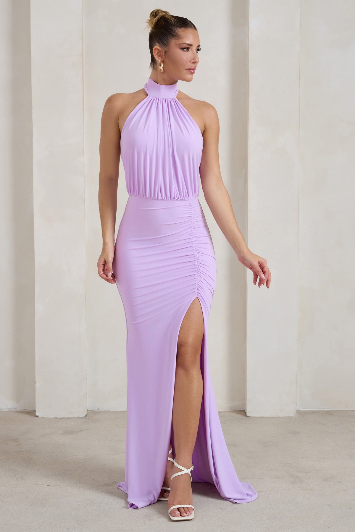Forever Dreaming Lilac Backless Halterneck Ruched Split Maxi Dress – Club L  London - USA