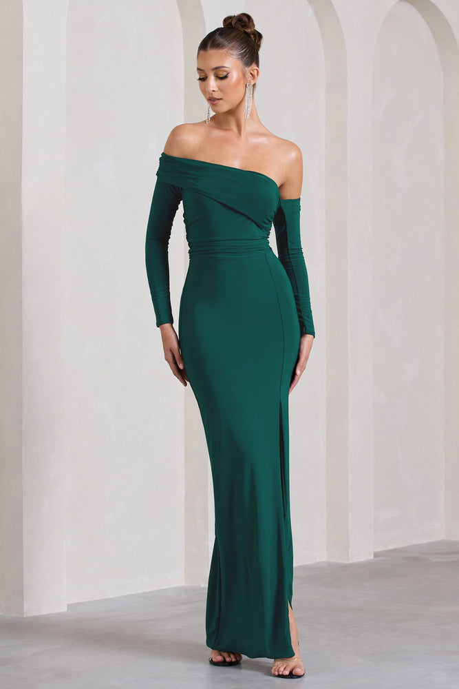 Stand Out | Bottle Green Bardot Long Sleeve Ruched Maxi With Side Split