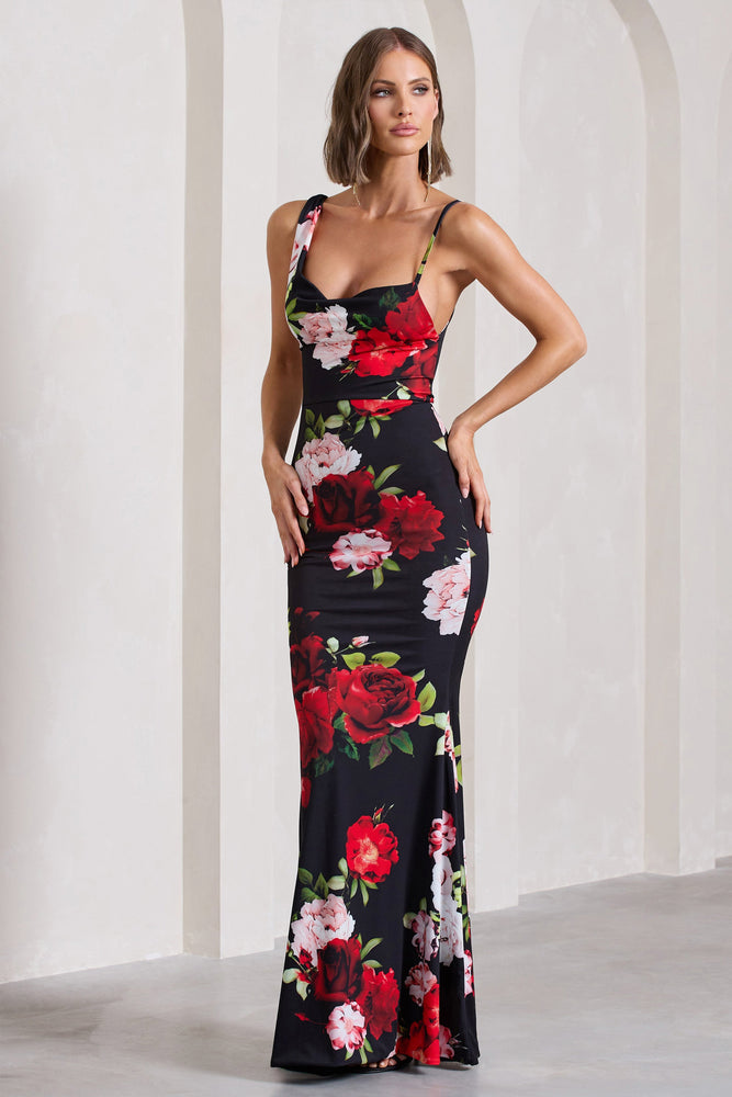 Phantasy Black Floral Print Asymmetric Neckline Cowl Maxi Dress 