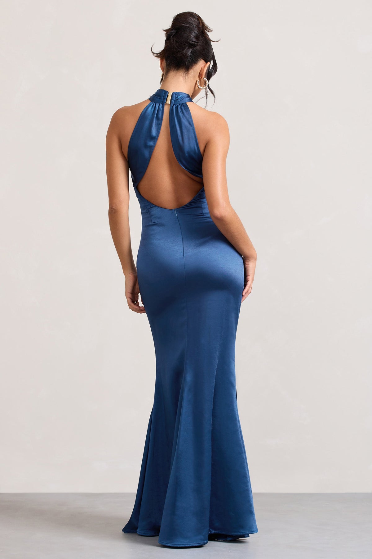 Unstoppable Navy Satin Cross Over Halterneck Maxi Dress – Club L