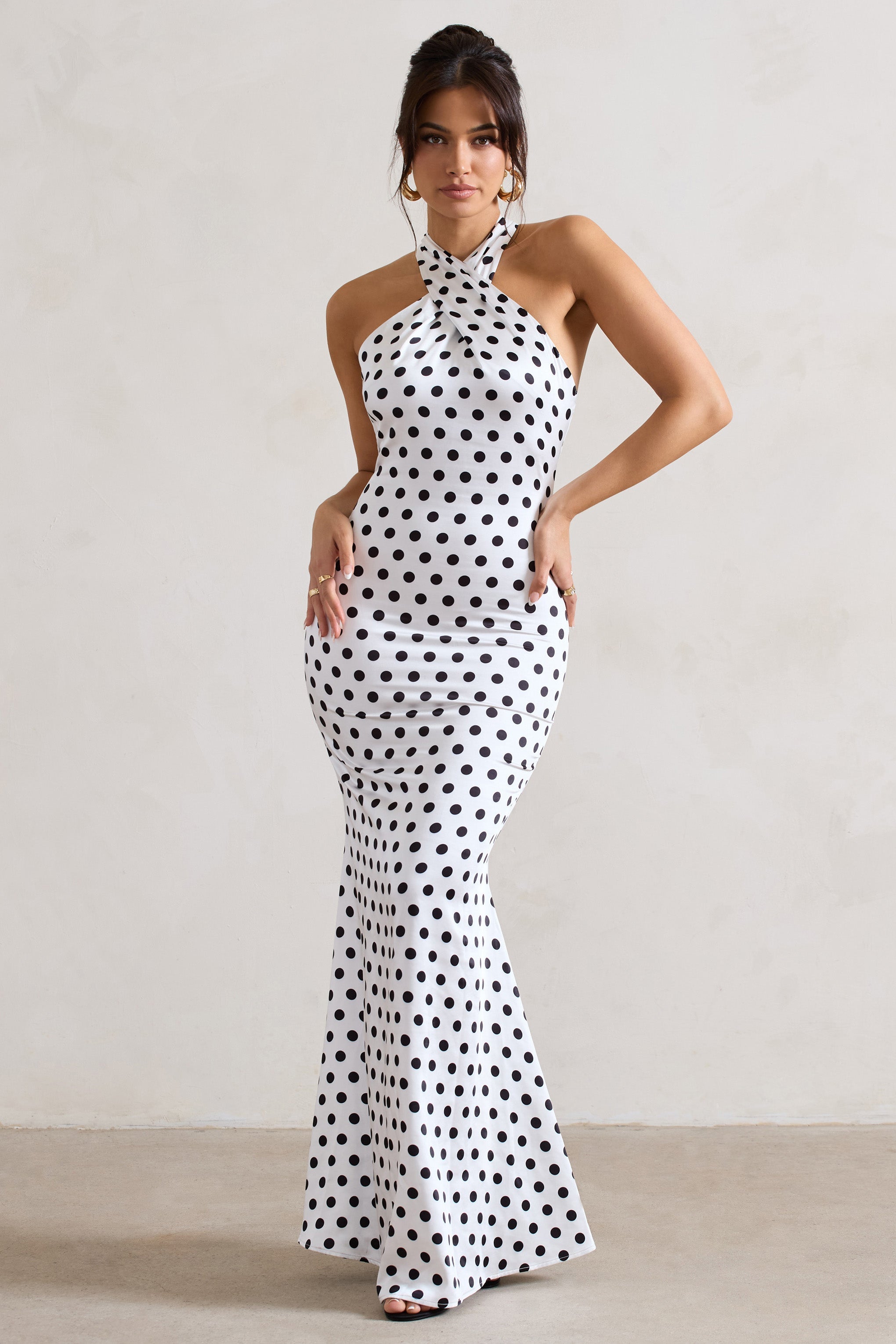 Unstoppable White Polka Dot Satin Cross Over Halter Neck Maxi