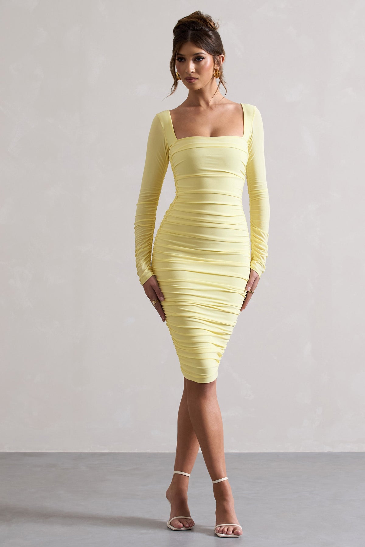 Seductress | Yellow Long Sleeve Square Neck Ruched Midi Dress