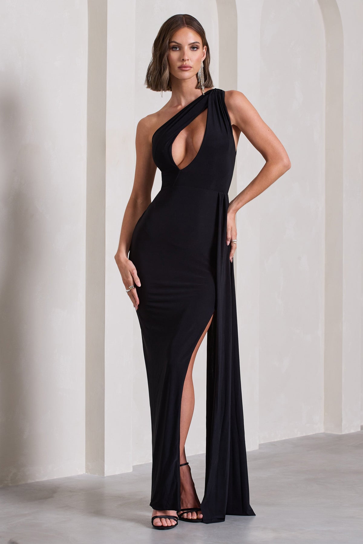 Lavish Black One Shoulder Drape Maxi Dress – Club L London - UK