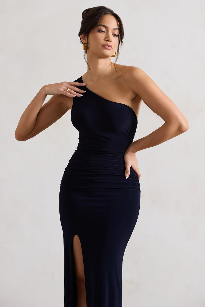 Ethereal Navy One Shoulder Ruched Split Maxi Dress – Club L London - USA