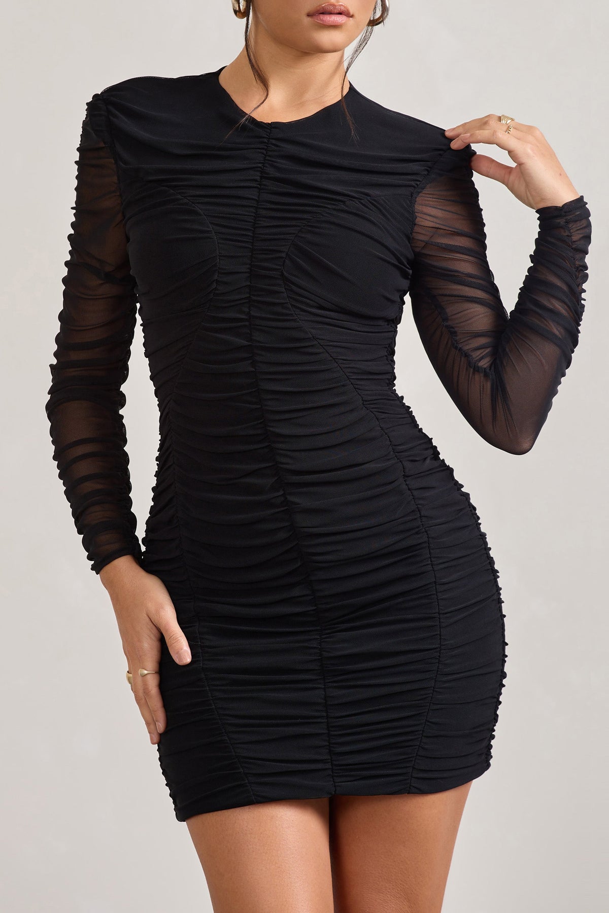 Euphoria Black Ruched Long Sleeve Mini Dress – Club L London - USA