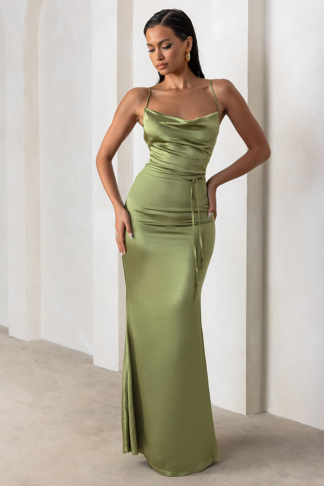 ASOS EDITION satin v neck oversized midi dress with drawstring in olive  green | ASOS