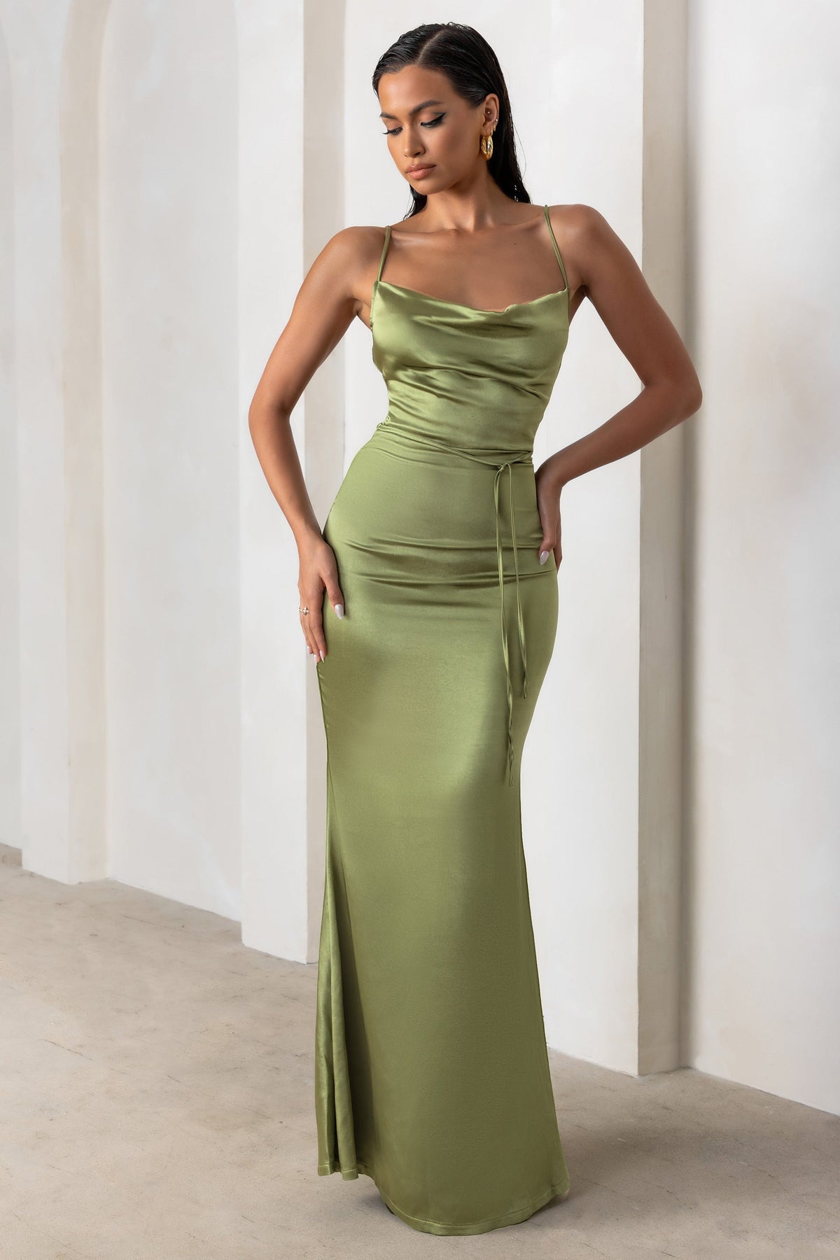 Pista Green Cotton Maxi Dress With Maroon Belt – Shopzters