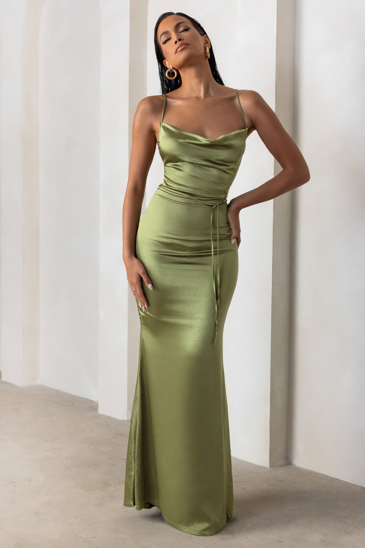 Lifetime Olive Satin Cowl Neck Maxi Dress With Cross Back Detail